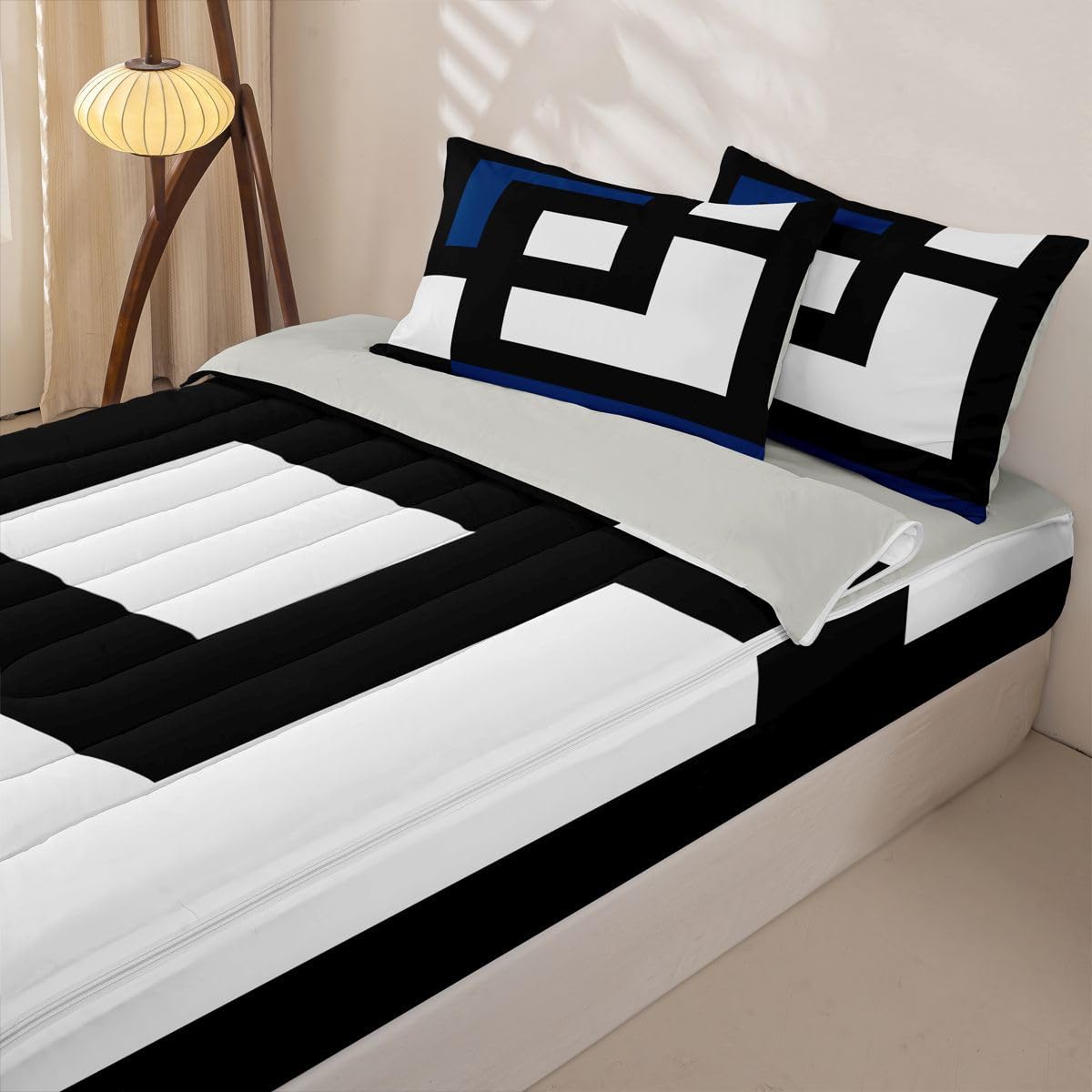 Erosebridal Blue Black and White Striped Zipper Comforter Set Twin Square Abstract Bedding Set Modern Stripes Bold Lines Bed in a Bag Minimalist Stylish Plaids Zippered Quilt Fitted Sheet