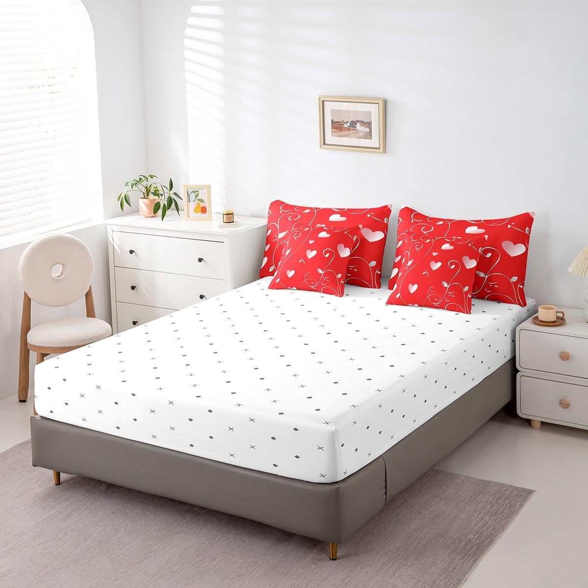Erosebridal Valentine Day Queen 7 Piece Comforter Set with Sheets - Coquette Romantic Love Bedding Sets with Fitted + Flat Sheet, Pillowcases for Kids Girls Women Couples Valentines Bedroom Decor