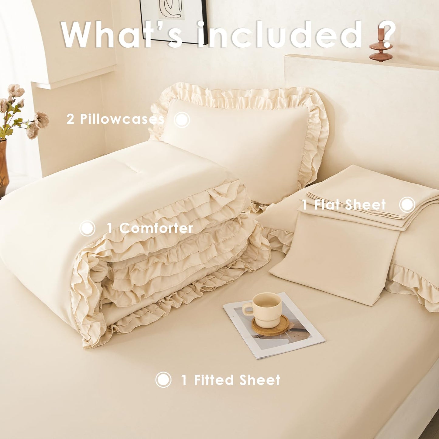 PERFEMET Queen Size Ruffled Comforter Set Beige 5 Pieces Ruffle Bedding Set Boho Comforter All Season Soft Microfiber Shabby Chic Bed in A Bag Women Men (Beige, Queen)