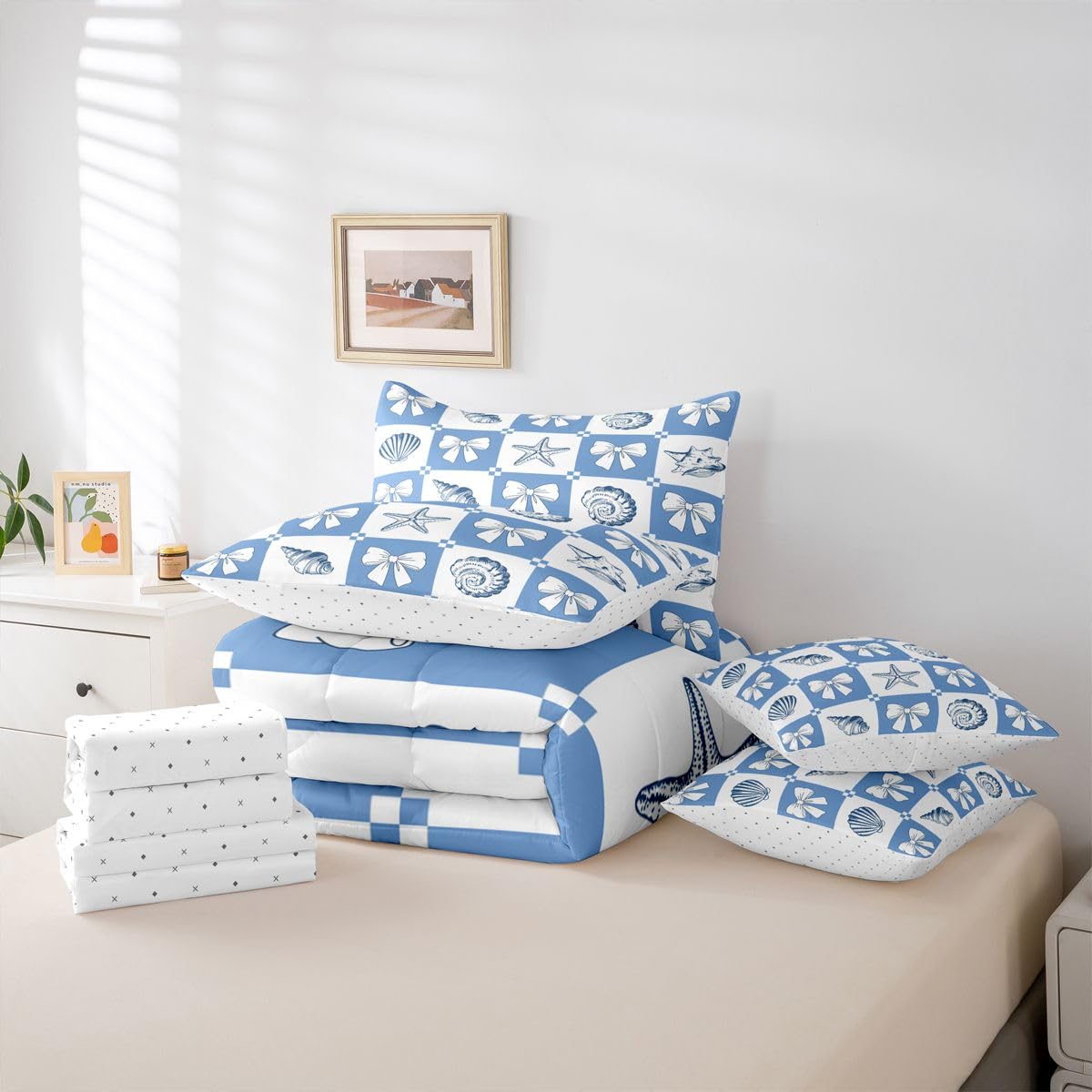 Feelyou Starfish Beach King Comforter Set with Sheets for Kids Boys Girls Ocean Marine 7 Pieces Bedding Set Bow Knot Print Bed in a Bag Shell Room Decor Coastal Beach Ocean Soft Lightweight Microfiber