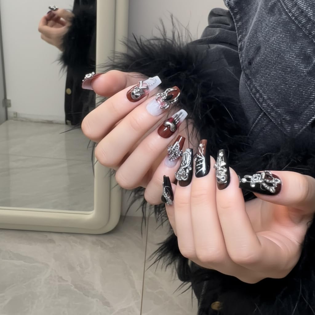 Handmade Skeleton Press On Nails long Coffin Reusable Stick On Fake Nails Luxury Elegant Sexy Style For Women Gift With Nail Glue Red Black M