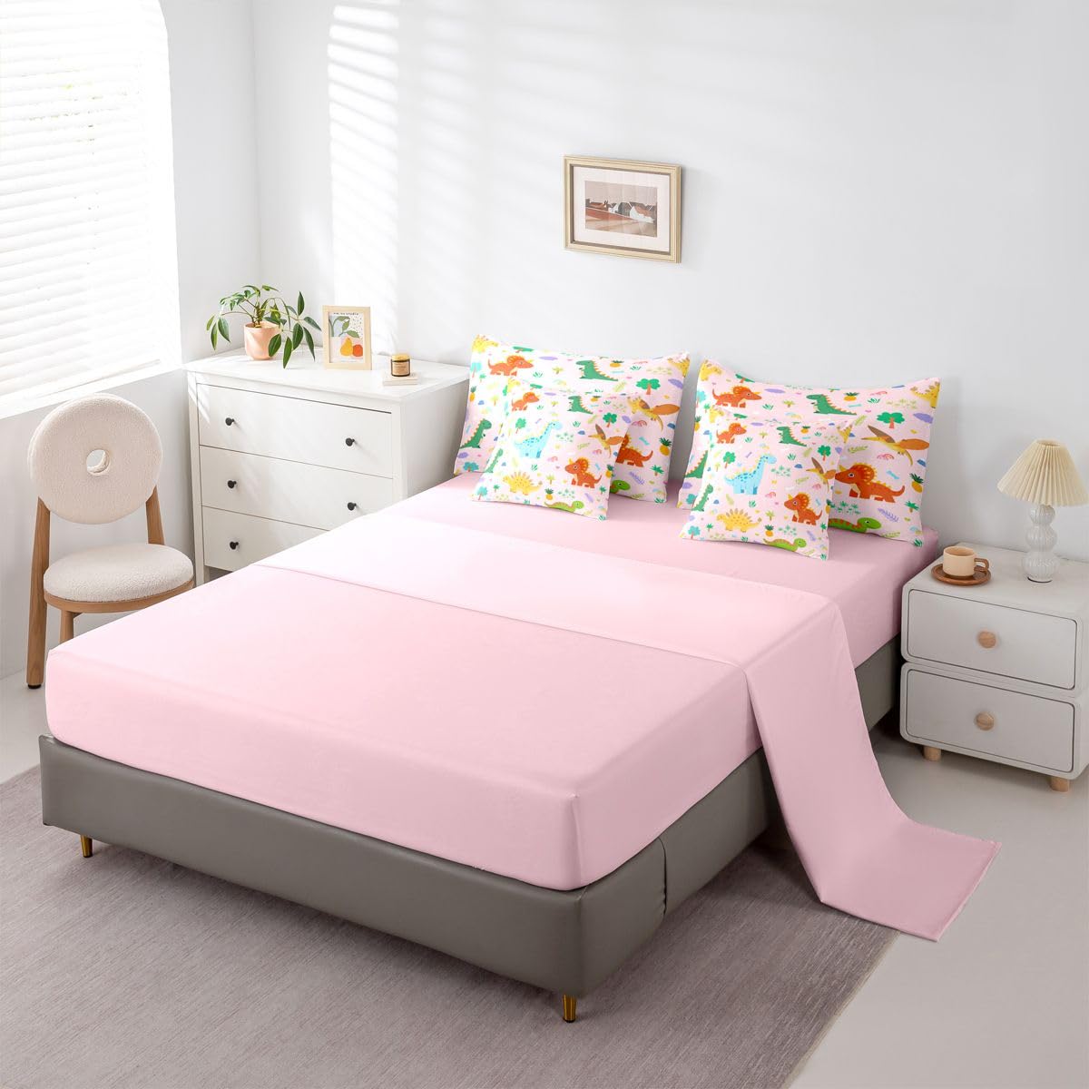 Feelyou Kids Cute Dinosaur Comforter Set with Sheets 7 Piece Full Size Pink Dinosaur Bed in a Bag Kids Boys Girls Cute Animal Bedding Set Bedroom Decor Breathable Soft Lightweight Microfiber