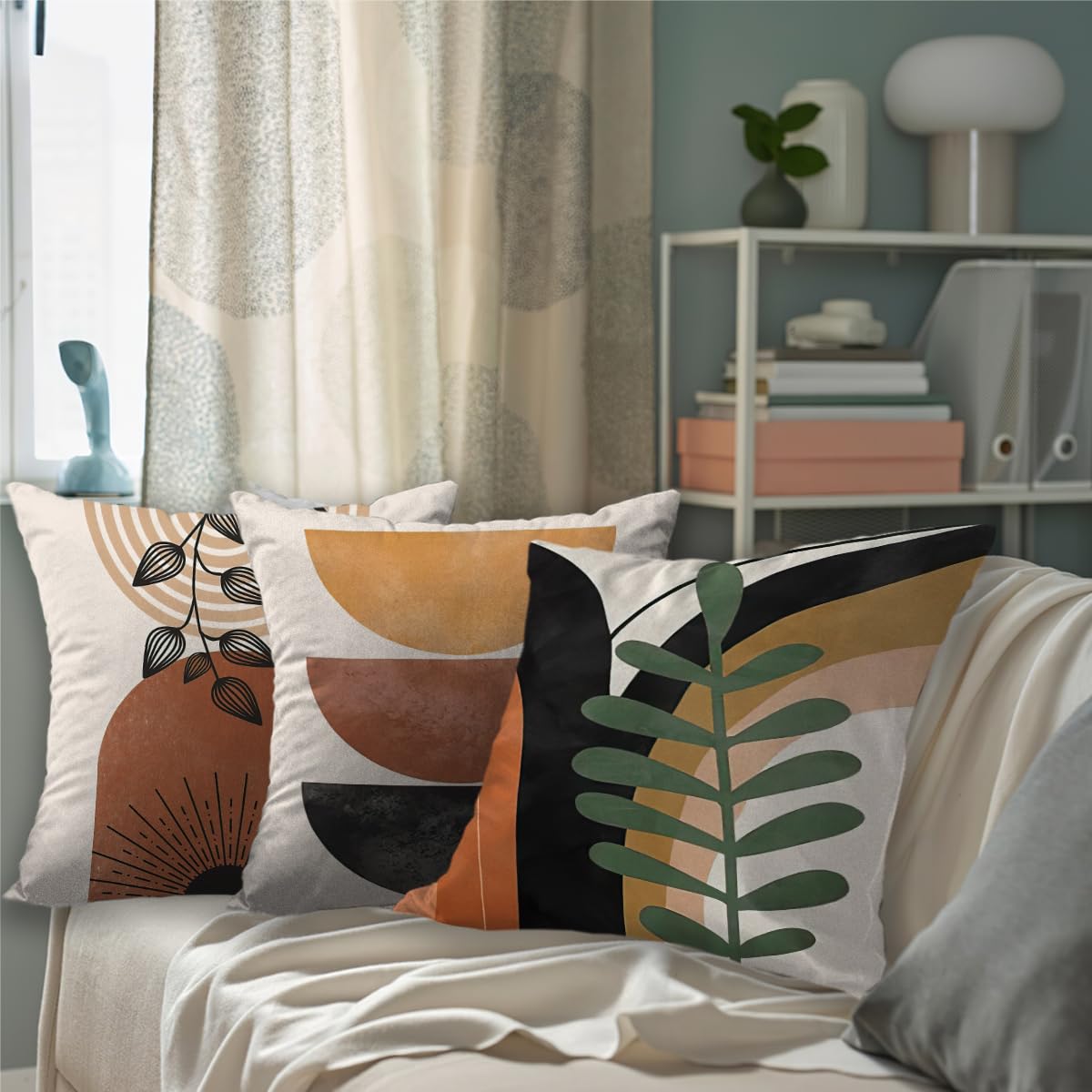 Ceexolliss Boho Mid Century Modern Throw Pillow Covers Set of 6, Sun Moon Leaves Arch Abstract Home Decor Bohemian Decorative Cushion Covers 18"X18"