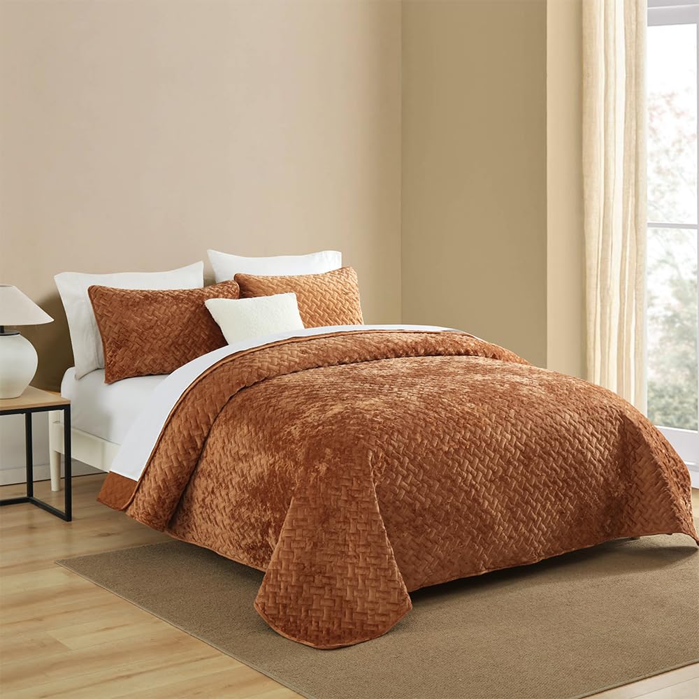 Liians Velvet Bedspread Quilt Bedding Sets,Luxury Elegant Ultra Soft Velvet Comforters Coverlet Blankets,Weave Stitching Pattern Cotton Quilted Bedspread for All Seasons,Caramel,King Size