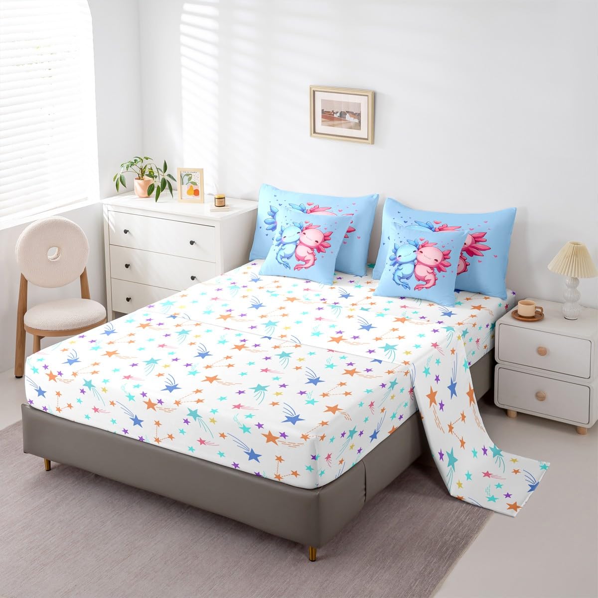 Cartoon Axolotls Queen Comforter Set Pink Blue Cute Axolotls Bed in a Bag with Flat and Fitted Sheet for Girls Boys Kids Coastal Ocean Animal 7-Piece Bedding Set Cartoon Love Heart Quilt Duvet Sets