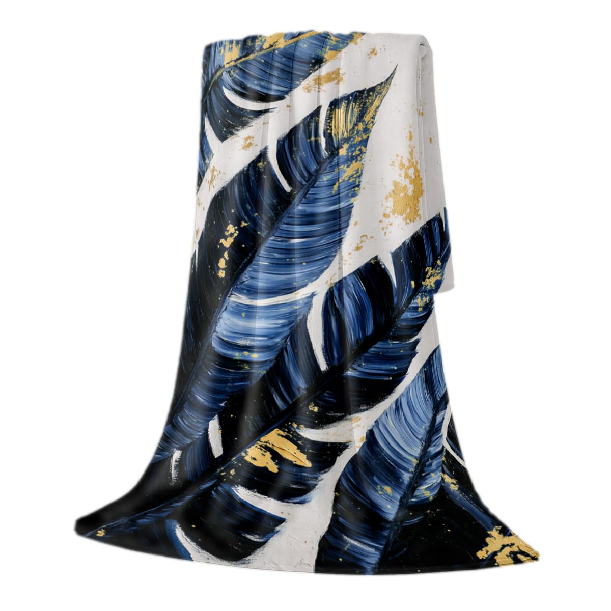 HUNXIAOJ Tropical Blankets and Throws Tropical Plant Blanket for Couch Bed Room Home Decor Tropic Leaf Throws Blue Gold Botanical Decor Flannel Gifts for Women Adults Kids 49"x59"
