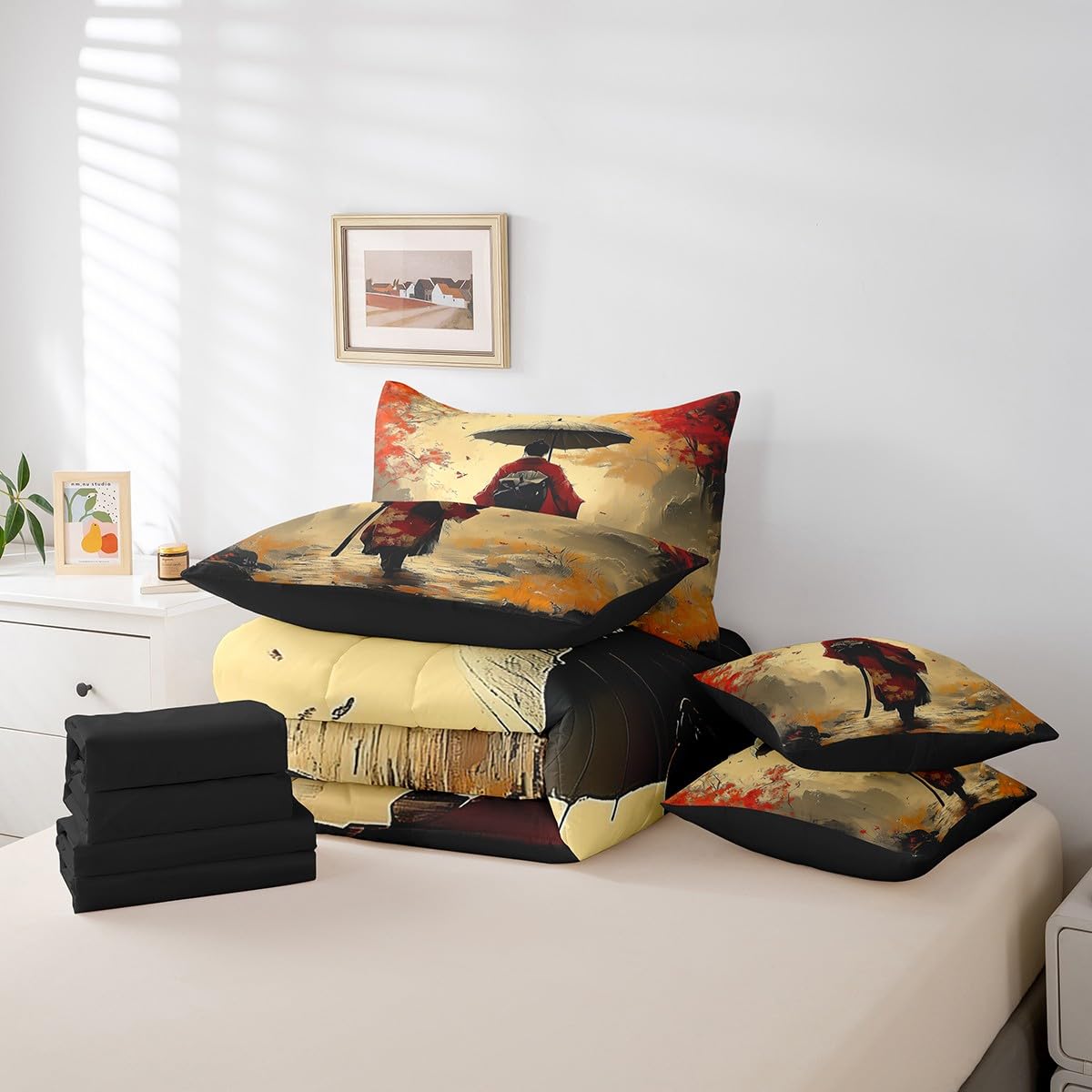 Erosebridal Aesthetic Japanese Bedding Set 7Pcs,Japan Kimono Comforter Set Twin for Girl Women Lady,Samurai Ukiyoe Quilt,Japan Scenery Bed in a Bag