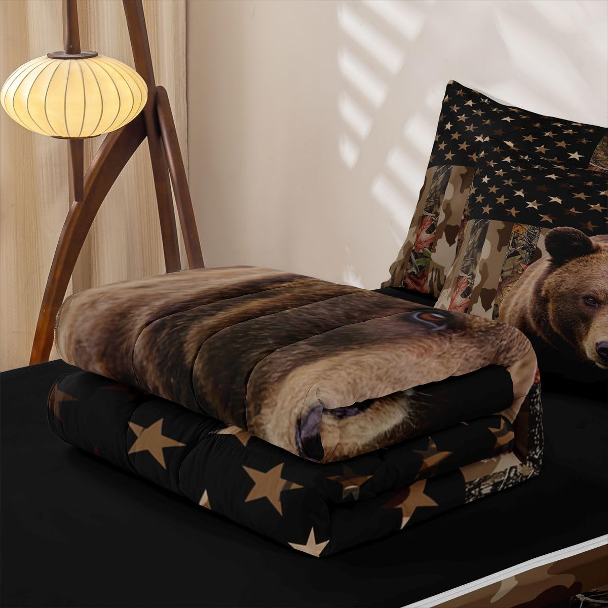 jejeloiu Bear Hunting Camo Zipper Bedding Rustic Western Bear Comforter Set for Kids Boys Girls Twin Size Brown Camouflage Zippered Kids Bedding Set Ultra Soft American Flag Bed in a Bag