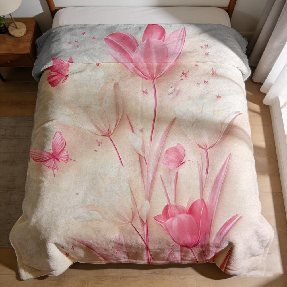 ZHOUSHUTONG White Pink Tulip Butterfly Flannel Throw Blanket, Soft Cozy Warm Plush Floral Blanket for Couch Bed Sofa, Elegant Flower Print Decorative Blanket, Gift for Women Girls 49"x59"