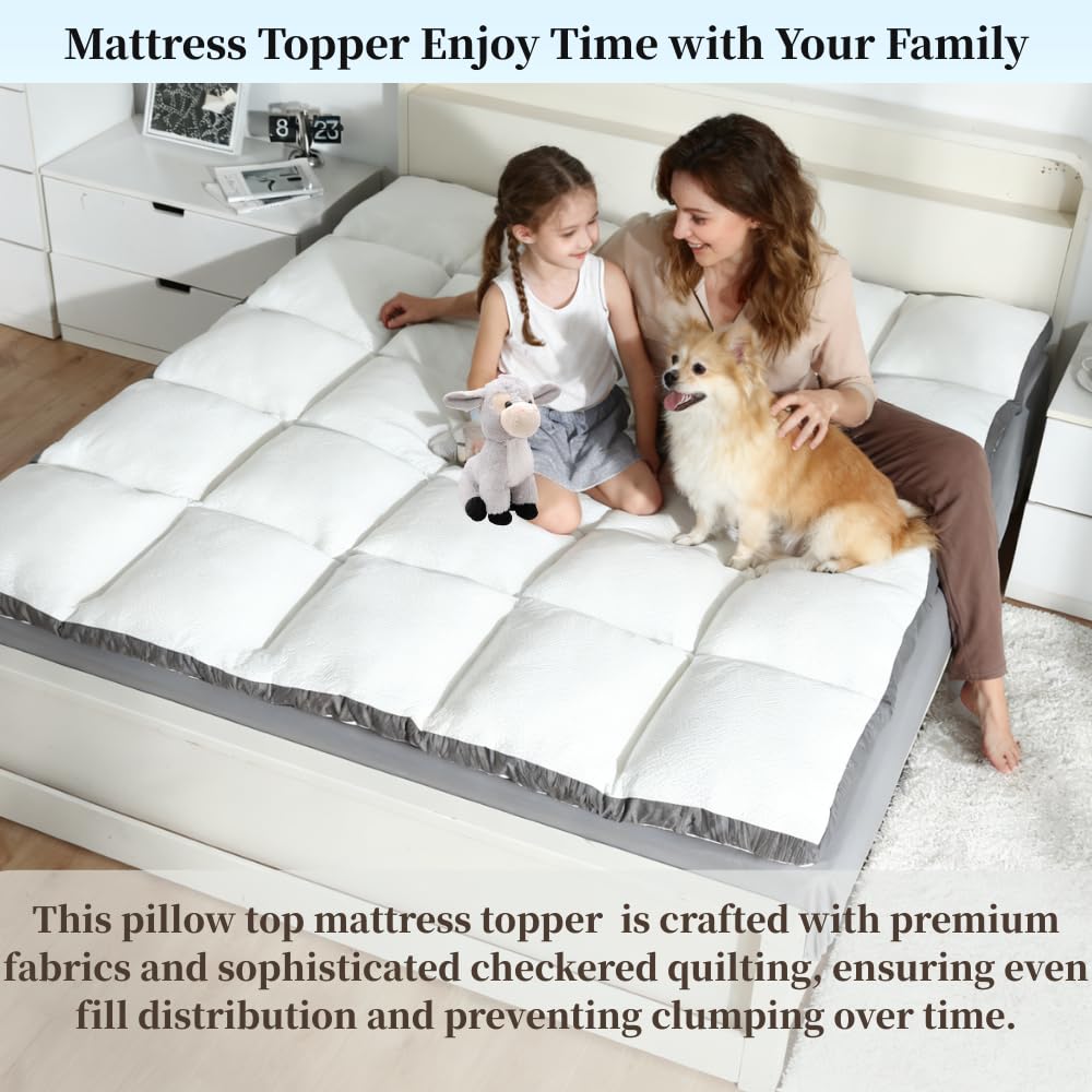 Rainmr Memory Foam Mattress Topper Full - 2000GSM Pillow Top Mattress Topper Full Size, Soft Plush Bed Pad for Pressure Relief & Back Support, White, Oeko-TEX Certified