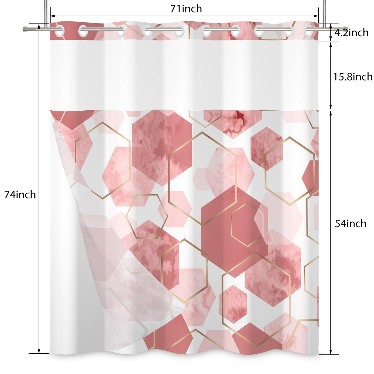 deFouliao Pink Shower Curtain with Snap in Liner No Hook Geometric Grid Modern Bathroom Curtain with See Through Mesh Top Window, Fabric Waterproof Inner Liner, 71x74 Inches