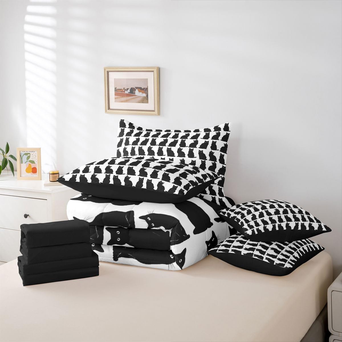 Erosebridal Black Cat 7-Piece Bedding Set Full Size for Kids Teens | Boys Girls Cute Cat Bed in a Bag Cartoon Black Cats Comforter Set with Sheets Geometric Kawaii Kitten Pet Duvet Insert