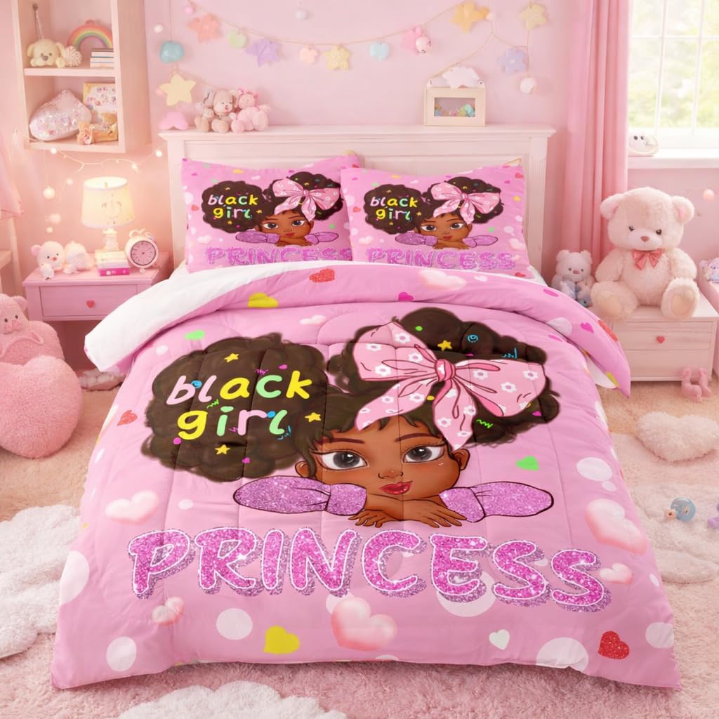 Jiospet Black Girl Full Size Comforter Sets for Girls-Black African Girls Bedding Sets Pink Princess Full Size Comforters Sets Kids Room, Full (1 Comforter 2 Pillowcases)