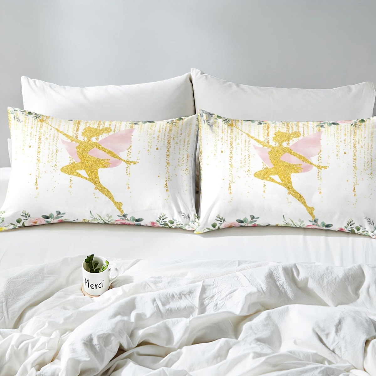 Erosebridal Fairy Garden Twin Bedding Set,Cute Pink Floral Fitted Sheet for Girls Kids,Dreamy Sweet Fairy Bed Set,Coquette Flower Girly Bed Sheets 2Pcs Room Decor (No Flat Sheet)