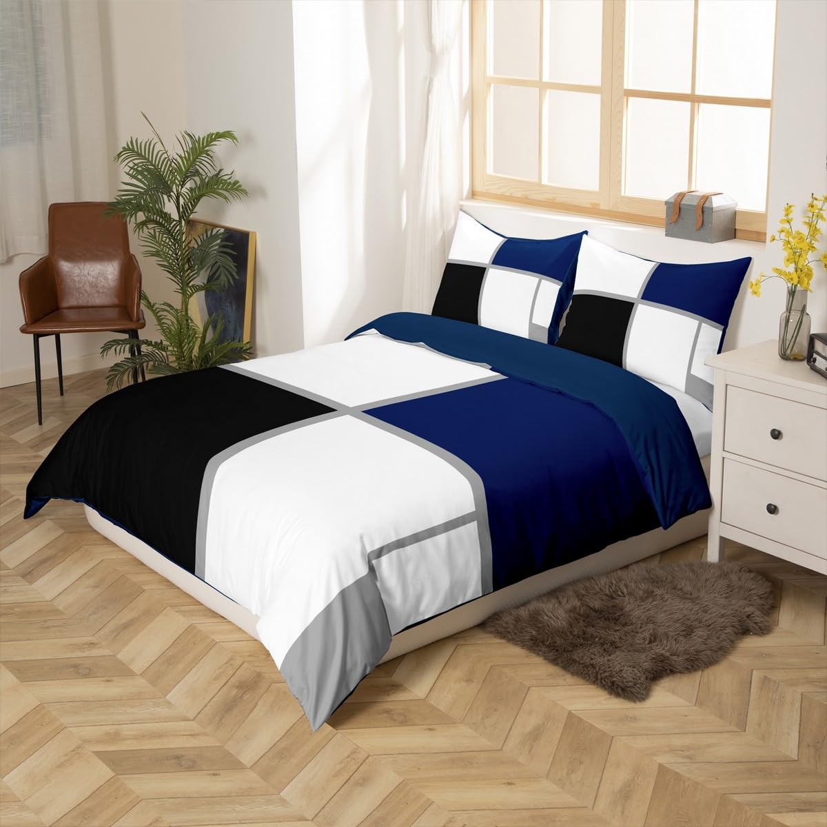 Erosebridal Geometric Duvet Cover Queen for Adults Teens,Black and White Abstract Comforter Cover,Navy Blue Striped Grid Bedding Set for Minimalist,Modern Patchwork Bed Set(No Comforter)