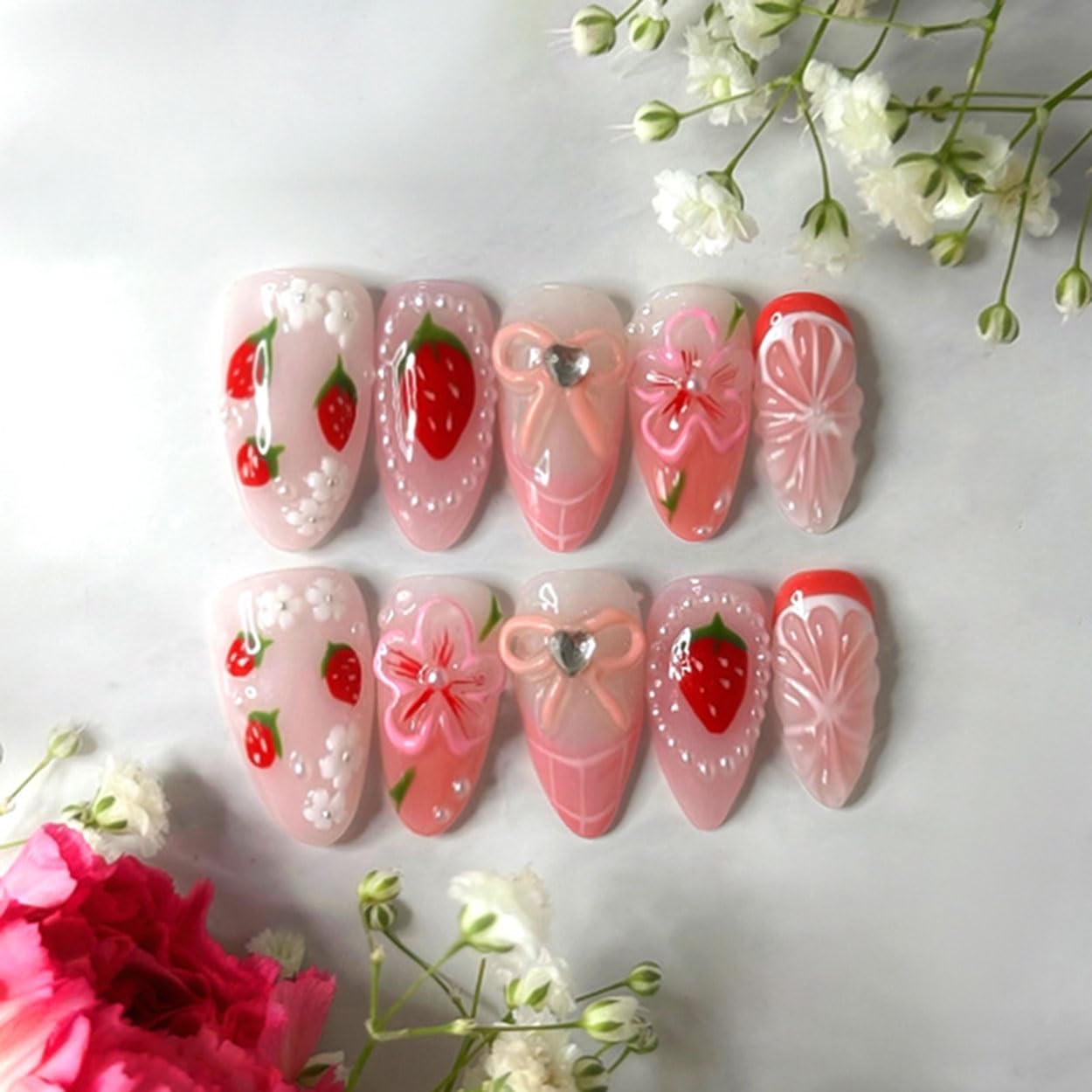 Press on Nails Almond Medium Fake Nails French Tip False Nails Press ons with Strawberry Pearl Design Glue on Nails Artificial Acrylic Nail Art Glossy Full Cover Stick on Nail Supplies for Women 24Pcs