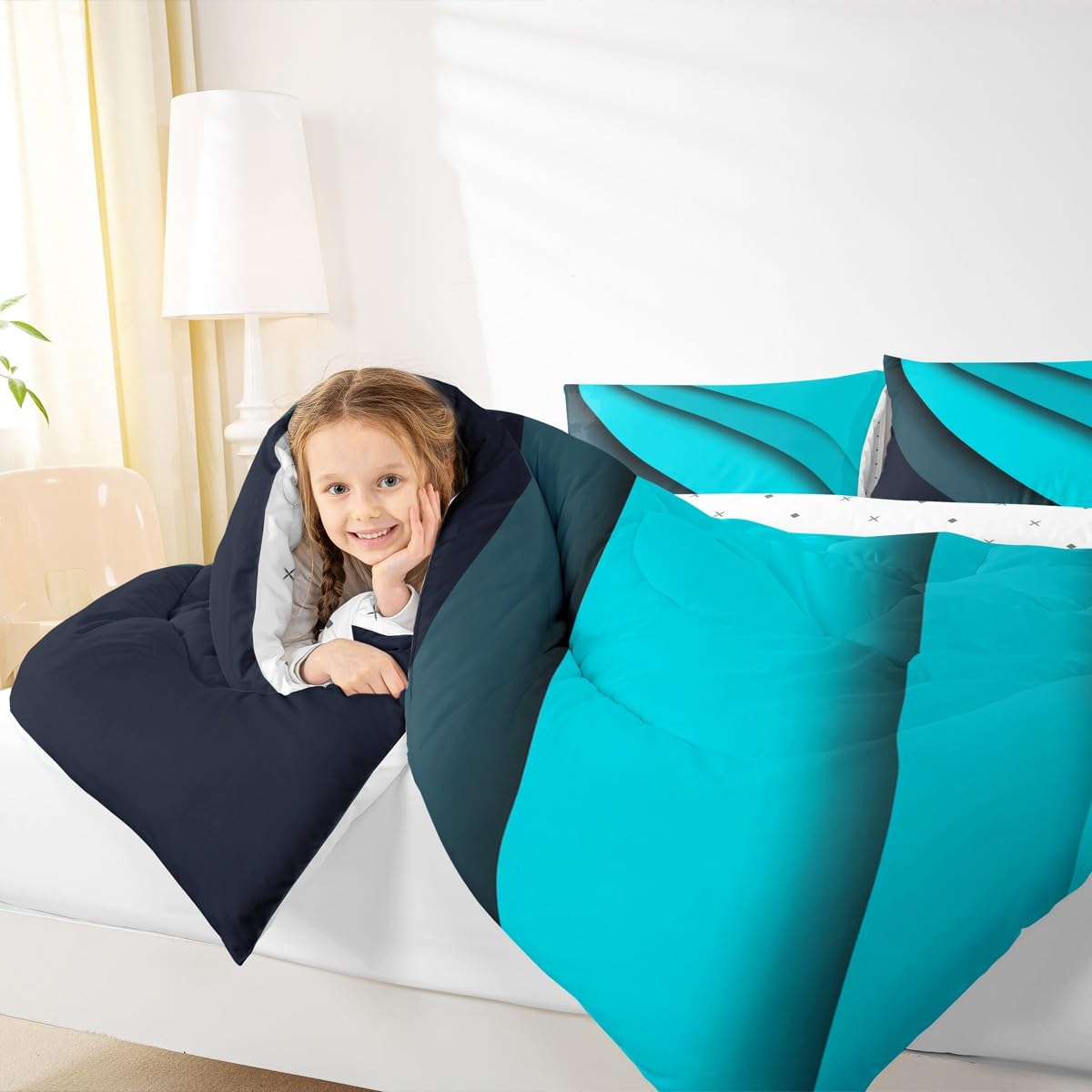 jejeloiu Geometric Bedding Set Full Blue Black Abstract Stripes Comforter Set for Kids Abstract Art Comforter Women Men Teens Soft Lines Decor Quilt Boys