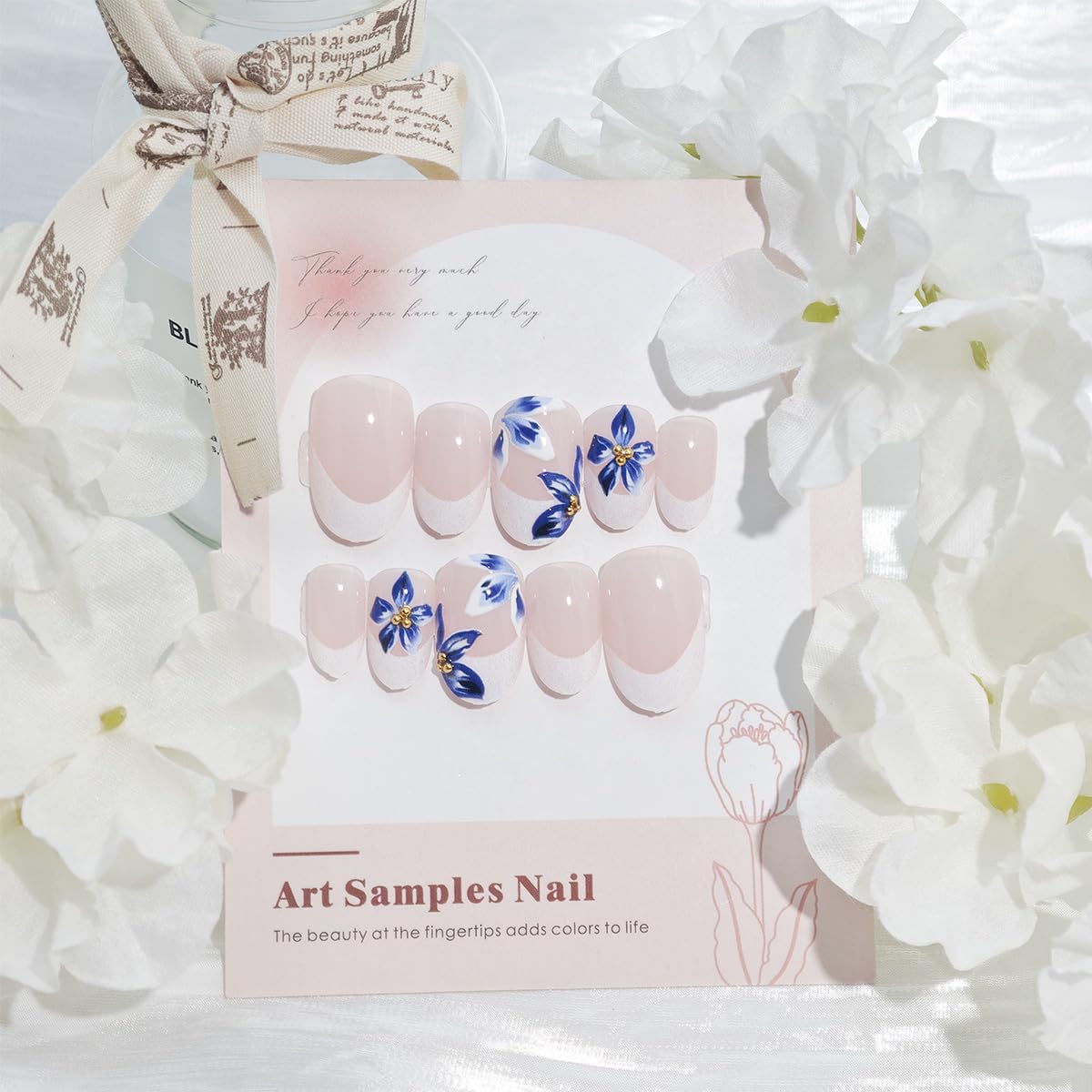 24Pcs Blue Flower Press on Nails Medium Almond Fake Nails with 3D Gold Rhinestones Designs White French Tip Stick on Nails Spring False Nails Glossy Glue on Nails for Women Acrylic Artificial Manicure