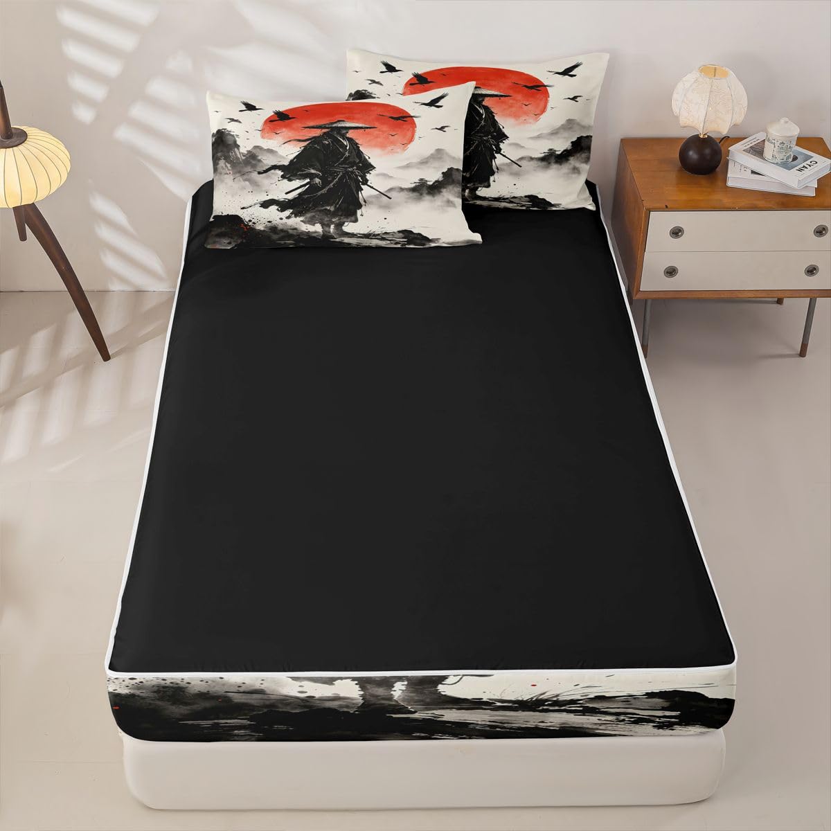 Feelyou Japanese Anime Zipper Bedding Full Samurai Zipper Bedding Sets for Kids Boys Girls Black Red Comforter Set with Fitted Sheet and 2 Pillowcases Bedroom Decor