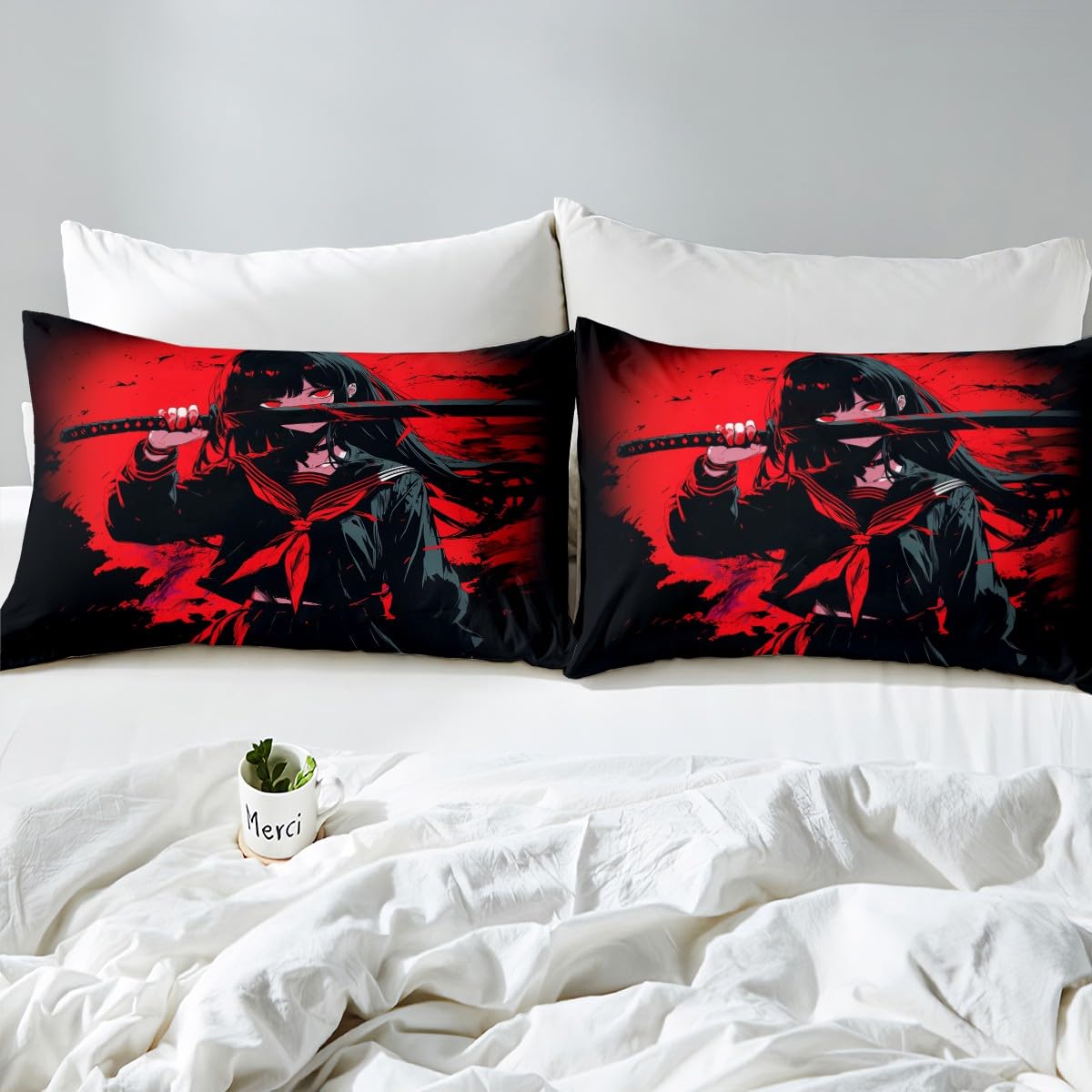 Erosebridal Japanese Anime Bedding Set for Kids, Anime Girl Fitted Sheet Queen Size Japanese Girl Bed Sheets for Girls Teens Adult, Kawaii Animation Red Black Sheets, Machine Washable