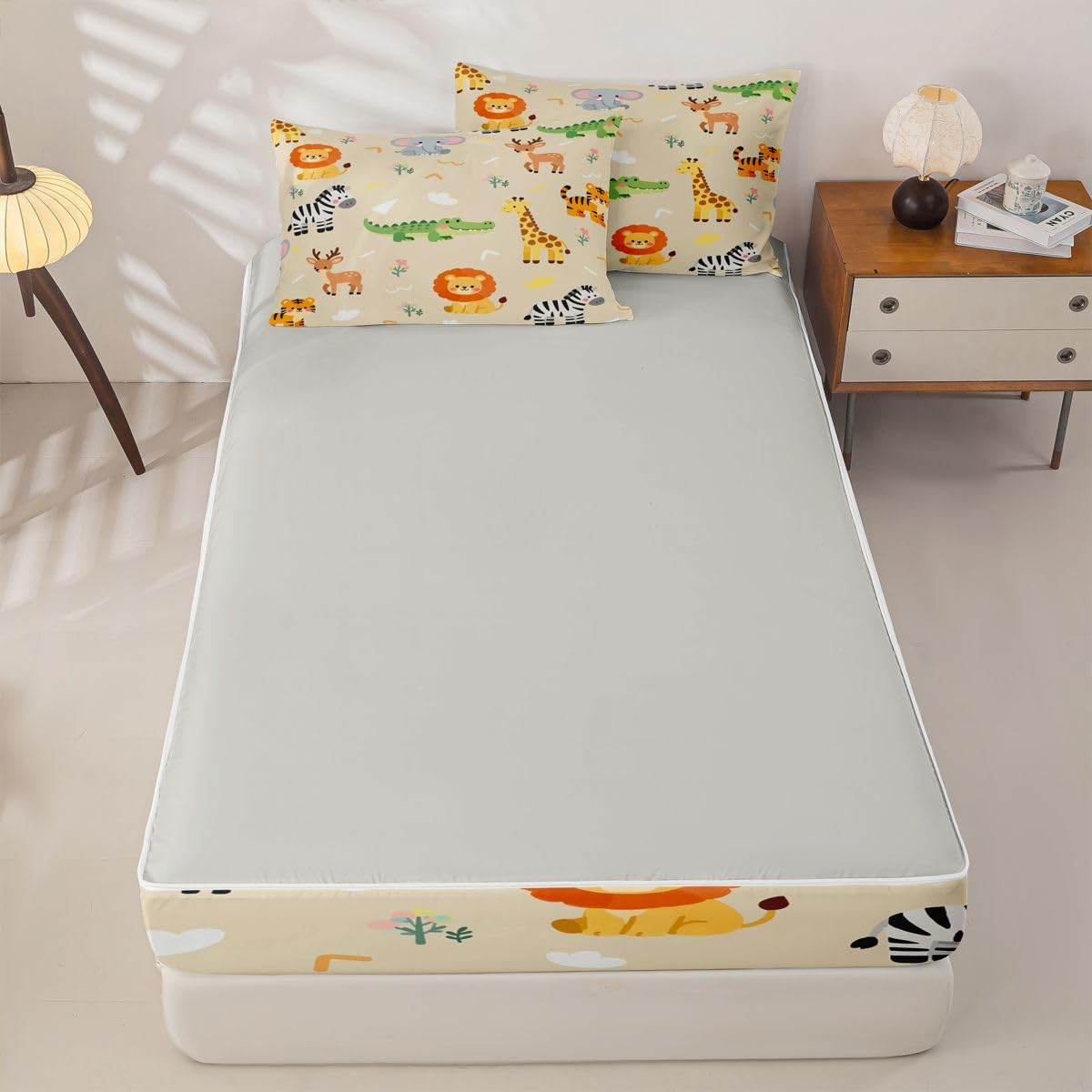 Erosebridal Kids Zoo Animal Zipper Bedding Nursery Cute Wild Animals Zippable Comforter Set Lion Elephant Crocodile Wildlife Bed in a Bag Twin Size Safari Wild Print Natural Theme Zip Up Bed Set