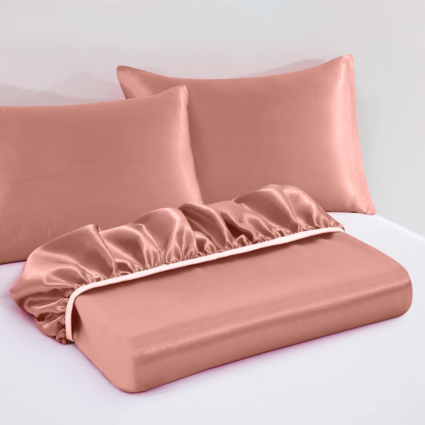 VACVELT 3pcs Extra Deep Pocket Satin Fitted Sheet Set King Bed Set, Rose Gold Bottom Sheet Fit 18-24 Inch Deep Pocket Mattress, Silky Bedding Set Soft & Ultra Deep Fitted Sheet & 2 Pillowcase