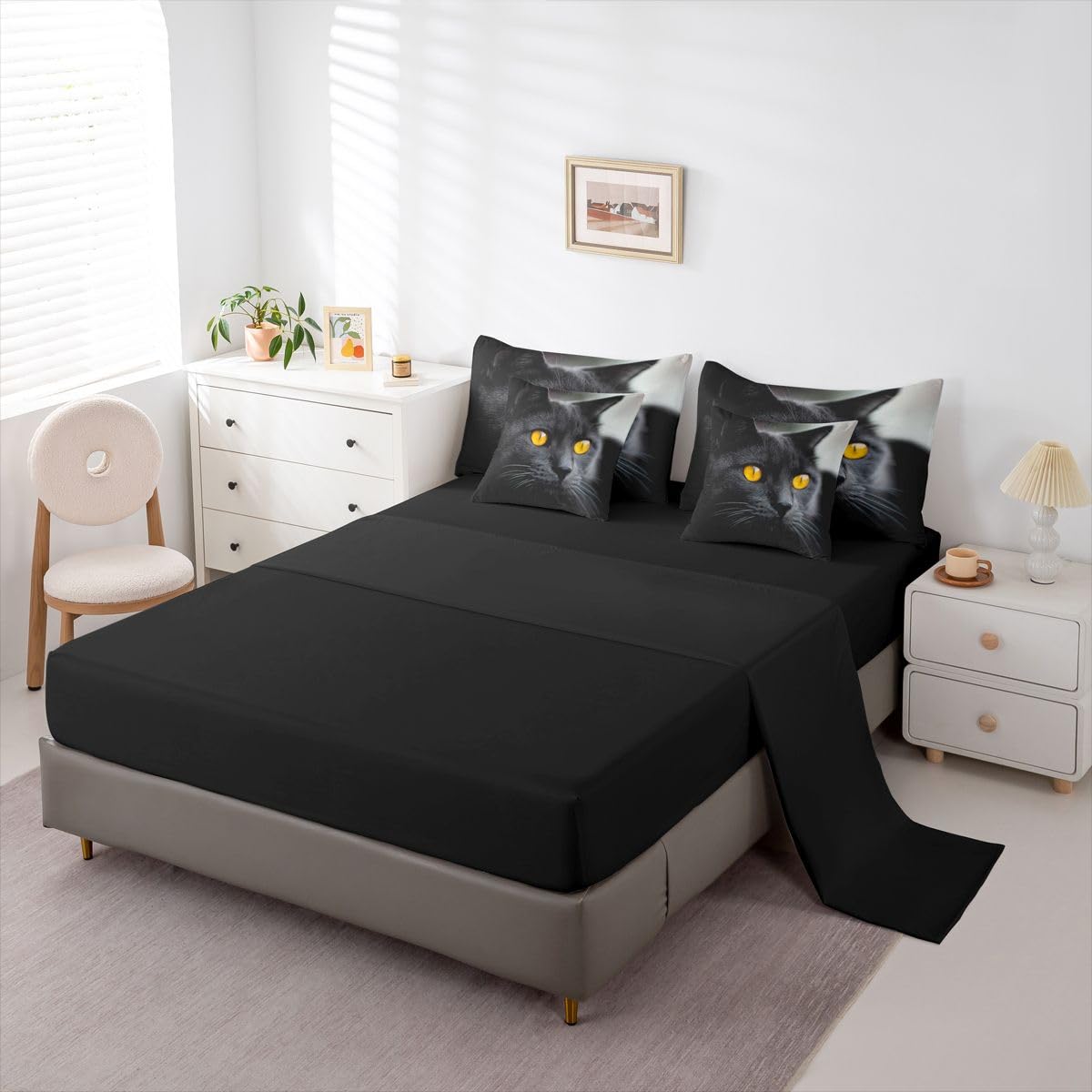 Erosebridal Black Cat King Size Comforter Set, Pet Pattern 7-Piece Bed in A Bag, Cute Kitten Sheets and Pillowcases, Black Bedding Set Room Decor