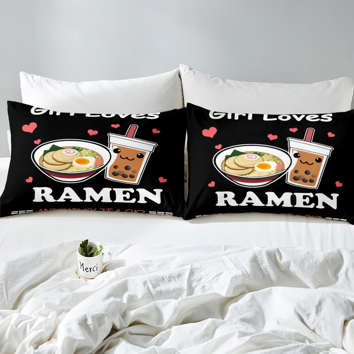 Feelyou Ramen Boba Fitted Sheet Anime Bedding Set for Kids Boys Girls Teens Noodles Bubble Tea Bed Sheets Set Girl Loves Ramen Boba Bed Cover Room Decor Bed Set Full Size