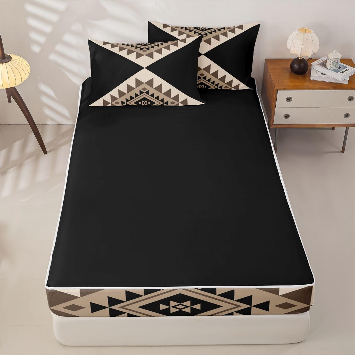 Erosebridal Black Beige Abstract Zipper Bedding Set Twin Modern Boho Western Aztec Zipper Comforter Set with Sheets Stripes Bed in a Bag Minimalist Stylish Art Southwestern Bed Sets with 2 Pillowcases