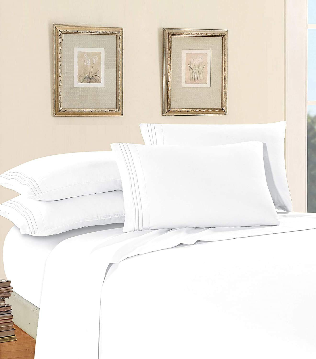 Elegant Comfort Luxury Soft 1500 Premium Hotel Quality Wrinkle Resistant Coziest Bedding Set, All Around Elastic Fitted Sheet, Deep Pocket up to 16inch, Queen, White