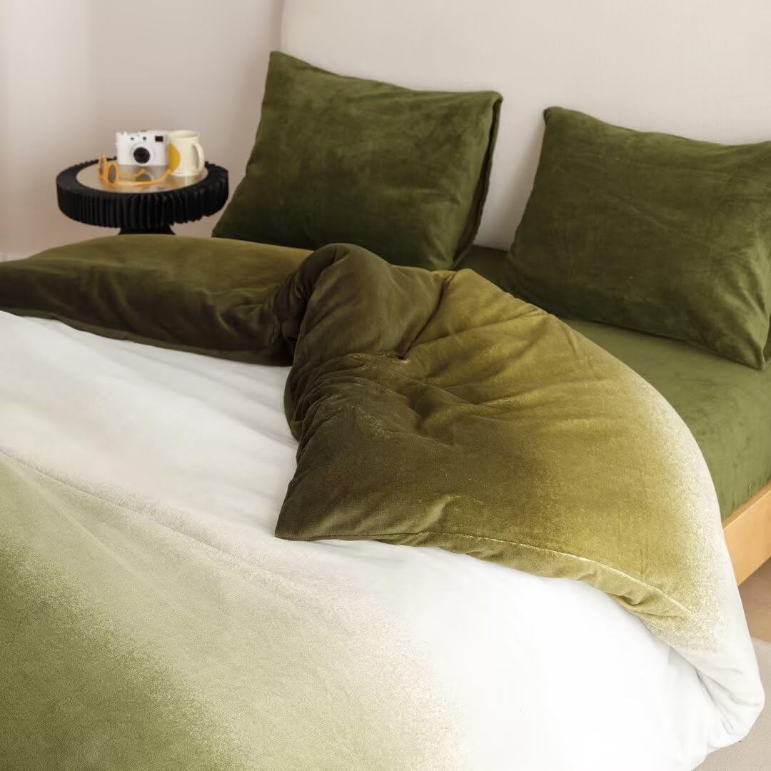 CLOTHKNOW Dark Green Velvet Duvet Cover Set Queen 3Pcs Green White Bedding Sets Fluffy Olive Green Bedding Duvet Cover Sets Soft Flannel Bedding Queen Sets Hunter Green Bedding Cover Sets Queen