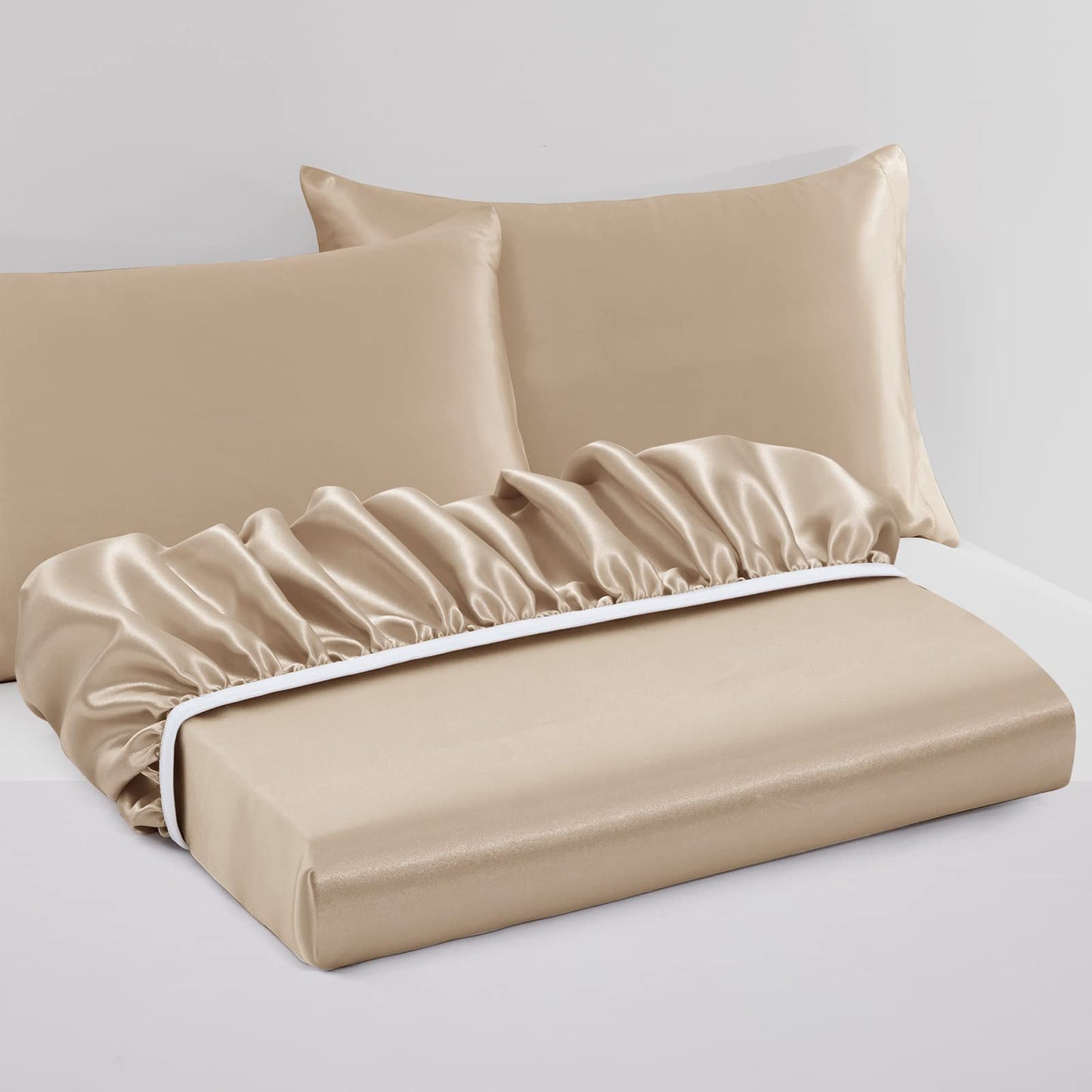 VACVELT 3pcs Extra Deep Pocket Satin Fitted Sheet Set Queen Bed Set, Beige Bottom Sheet Fit 18-24 Inch Deep Pocket Mattress, Silky Bedding Set Soft & Ultra Deep Fitted Sheet & 2 Pillowcase