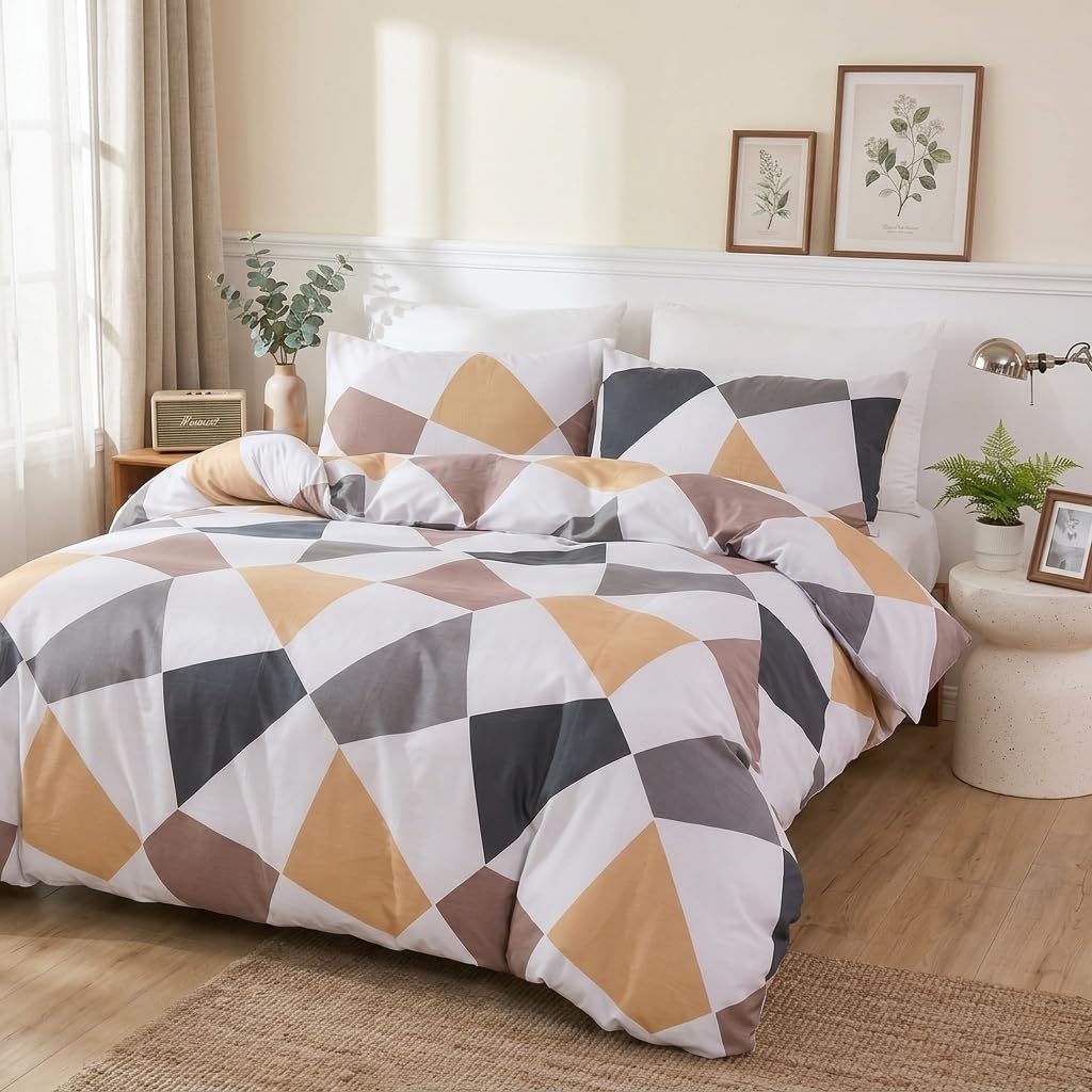 Cozaline 100% Cotton Duvet Cover Set King – Yellow Grey Nordic Triangle Bedding Set 3 Pieces, Light Reversible Comforter Cover with Zipper Closure, Minimalist Geometric Abstract Bed Set