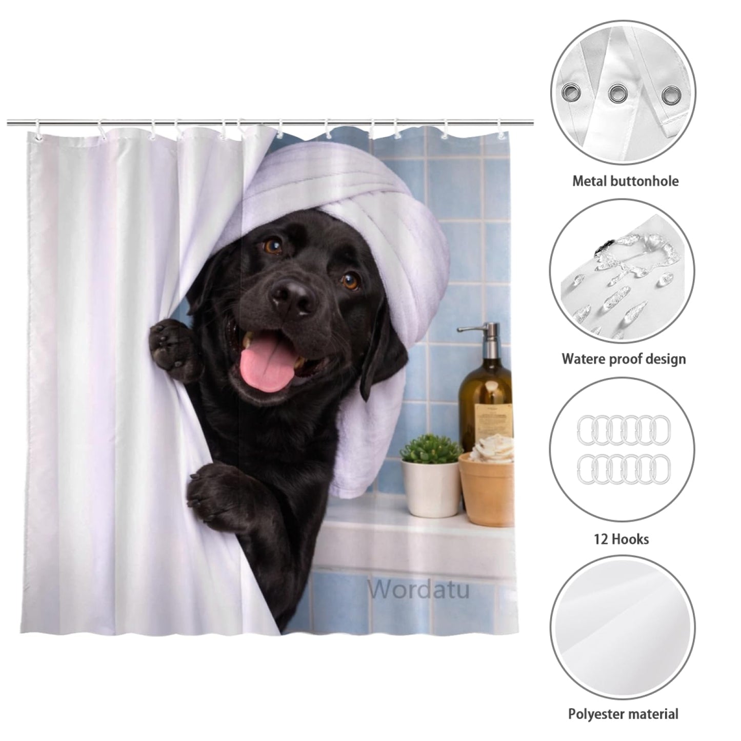 Wordatu Funny Black Labrador Dog Shower Curtain Cute Pet Animal Fabric Bathroom Decor Curtain with 12 Hooks, 72Wx72H(24661)