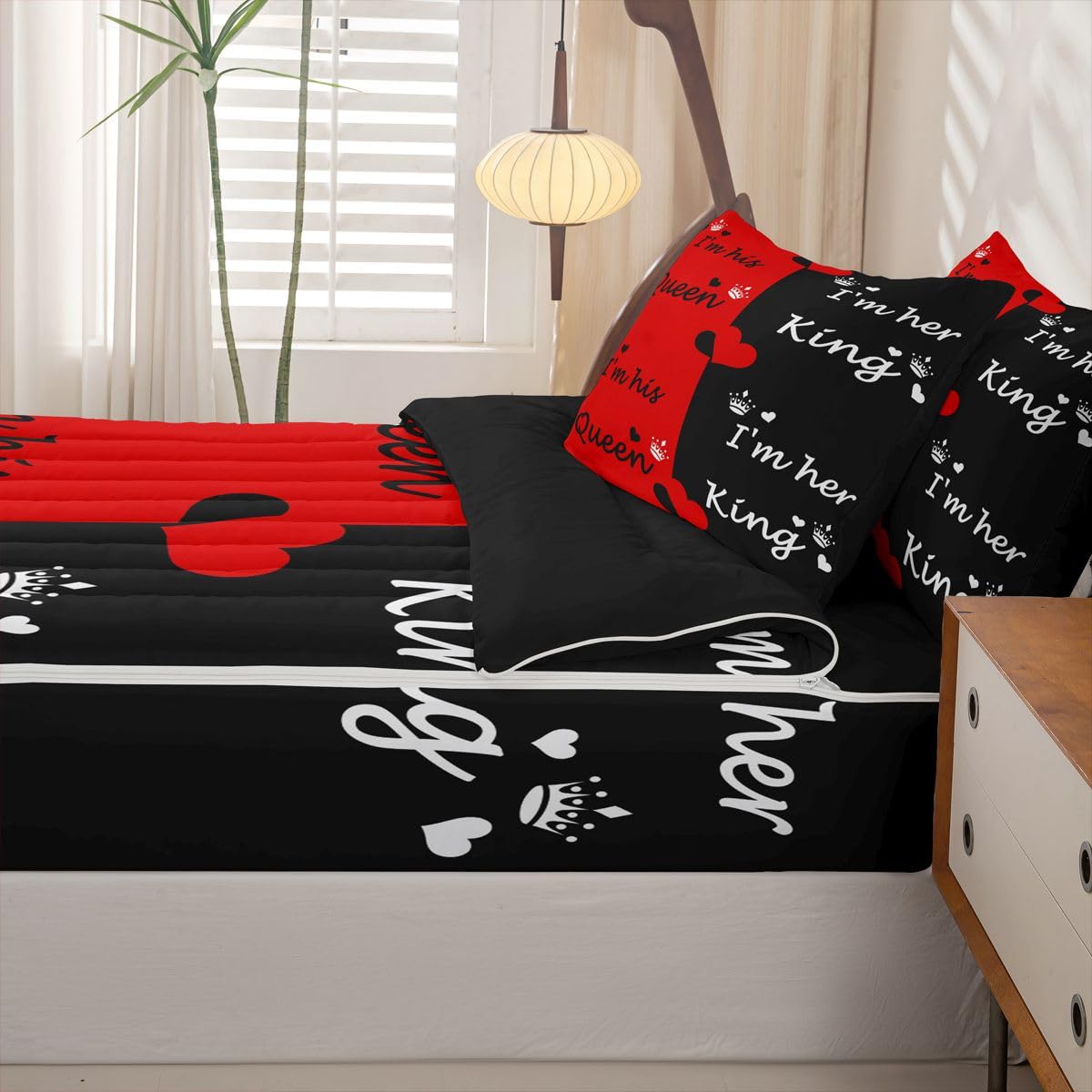Erosebridal Crown Zippered Bedding Set Twin Romantic Comforter Set Queen King Bed in a Bag Couple Gifts Zipper Quilt Fitted Sheet,2 Pillowcases