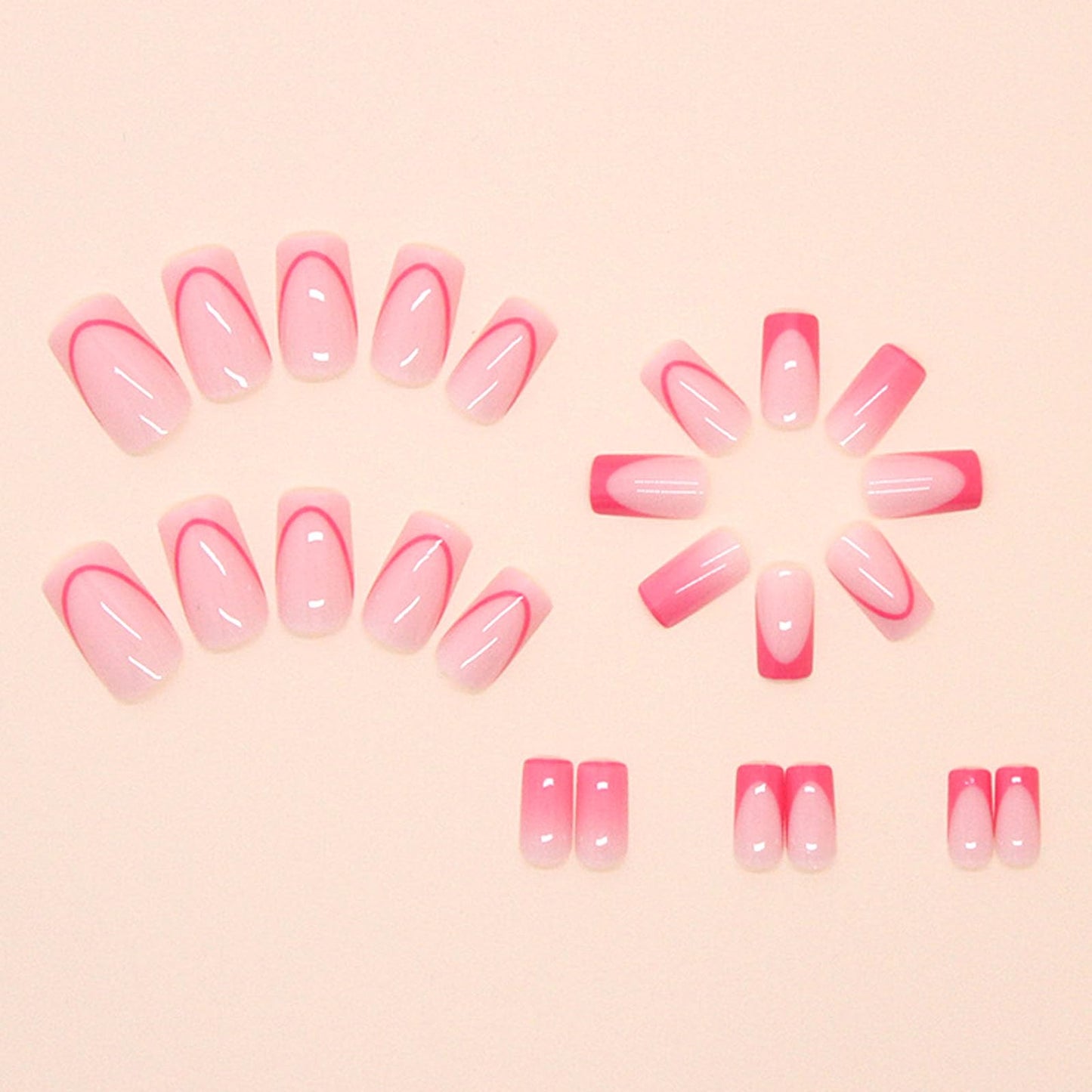 French Tip Press on Nails Medium Square Fake Nails Press ons with Rose Red Lines Gradient Design Glue on Nail Pink Full Cover Glossy Artificial Stick on Nail for Women 24Pcs