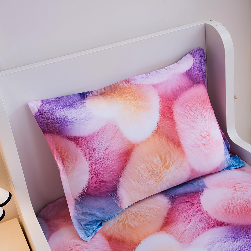 KWLOVER 2PC Soft Bed Fitted Sheet and Pillowcases Set,3D Fluffy Heart Pattern Printed Bed Sheets for Kids Boys Girls Twin Size Bed (Colorful Heart, Twin)