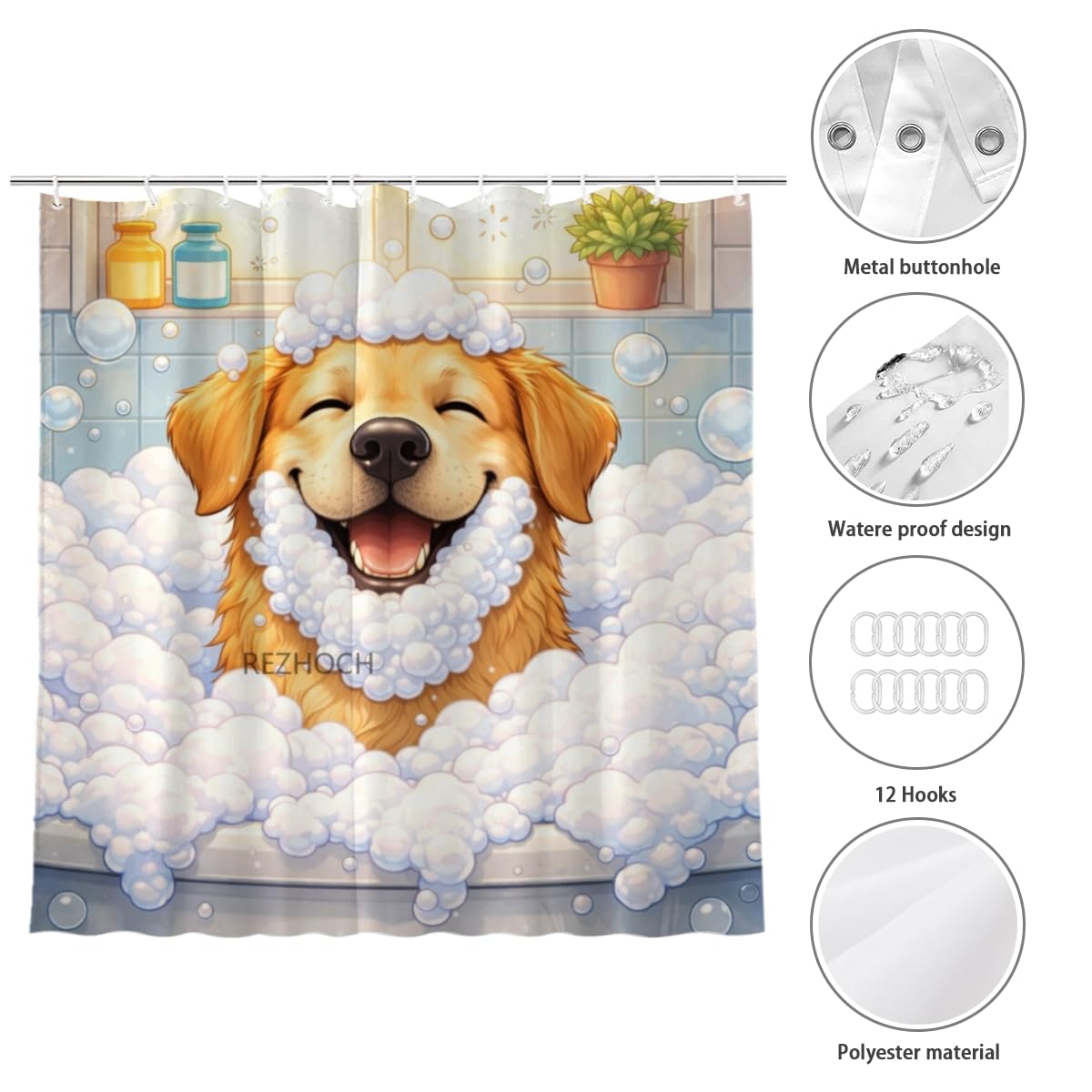 REZHOCH Funny Dog Shower Curtain 72x72Inch,Cute Golden Retriever Bubble Bathroom Decor,Lovely Animal Bathtub Waterproof Fabric Modern Art Humor Farmhouse Home Bath Set with 12 Hooks