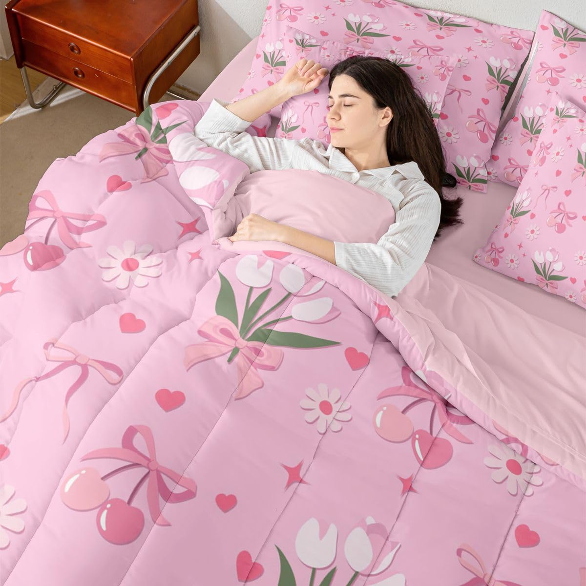 Erosebridal Daisy Floral Bow Girly Pink Full Comforter Set 7 Pieces | Bowknot Ribbon Bed in A Bag for Bedroom Flowers Love Hearts Bedding Set with Comforters Flowers Love Hearts Room Decor