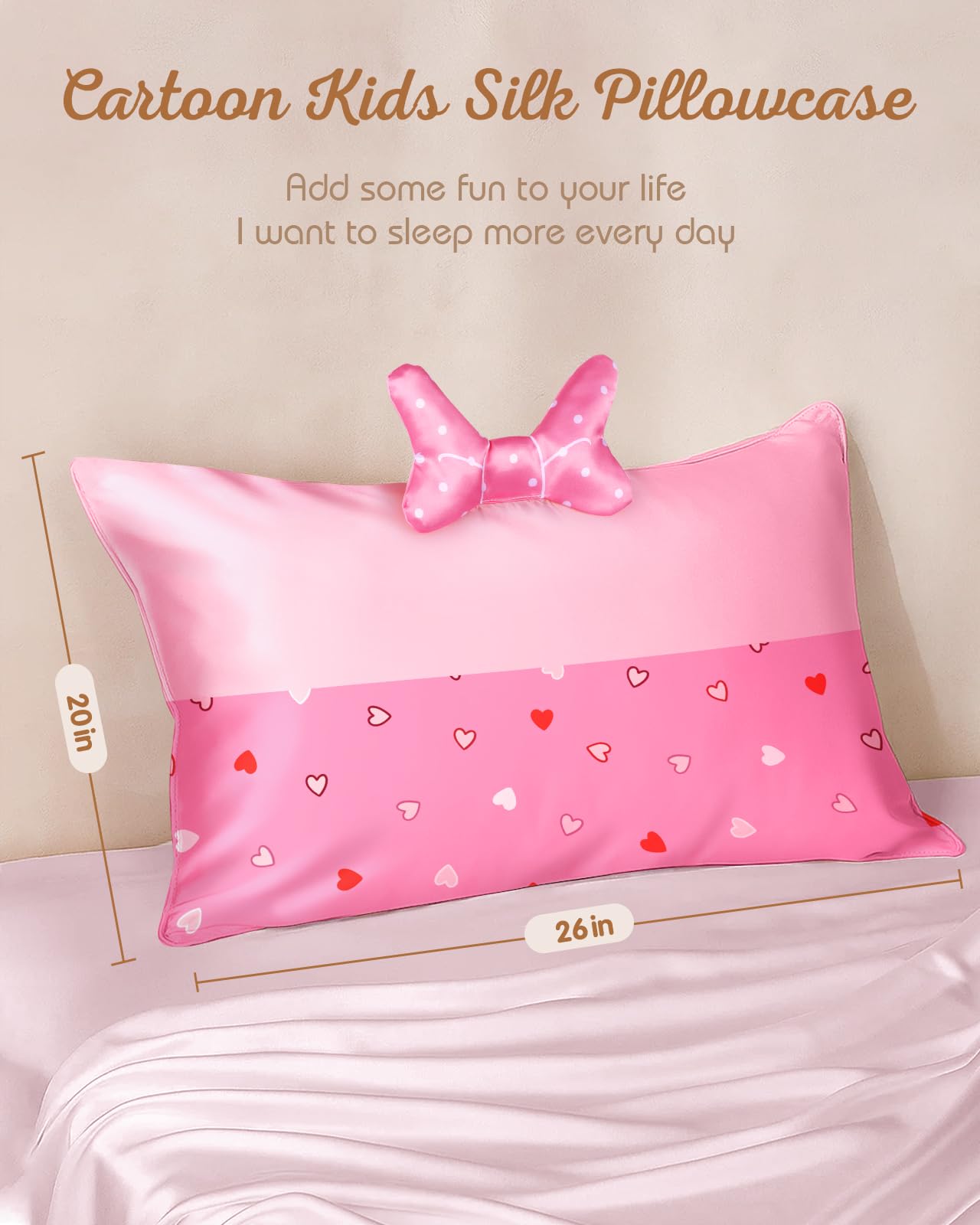 Miss Adola Kids Pillowcases Standard Size 20"x26" - Cute Cartoon Soft Breathable Silk Pillow Cases for Hair and Skin with Hidden Zipper for Women Girls Fun Kawaii Design for Bedding, Point Bow