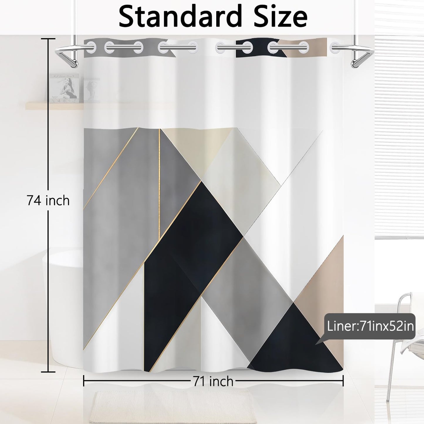 NAEMBCU Modern Geometric No Hook Shower Curtain with Snap-in Liner