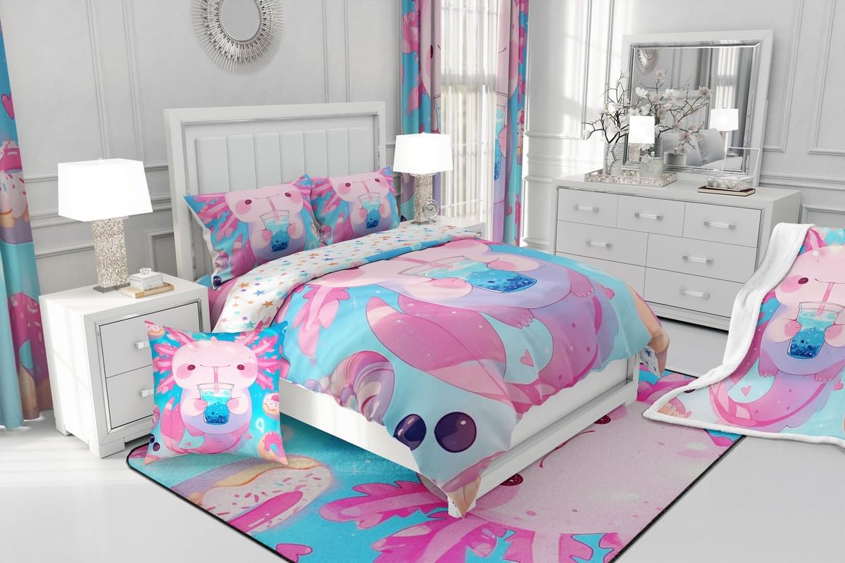 Erosebridal Kawaii Axolotl Bedding Set Queen,Pink Dessert Donut Comforter Set for Kids Girls Boys,Boba Tea Quilt Bed Set Funny Animal Bedding Comforter Sets with 2 Pillowcases Room Decor