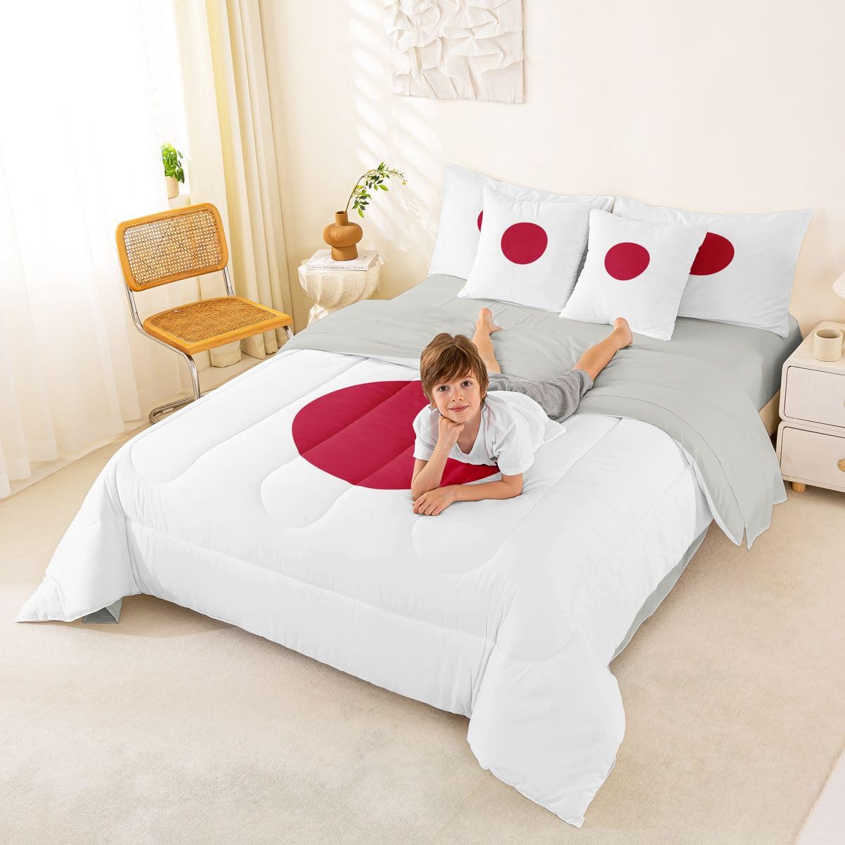 Feelyou Japanese Flag Comforter Set with Sheets 7 Piece King Size Japan Bed in a Bag Kids Boys Girls World Countries Bedding Set Bedroom Decor Breathable Soft Lightweight Microfiber