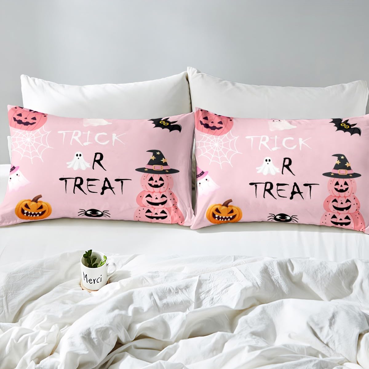 Cute Ghost Spider Web Pumpkin Fitted Sheet Queen Size,Kids Cartoon Style Soft Bed Cover(1 Fitted Sheet+1 Pillow Case),Pink Halloween Breathable Mattress Cover