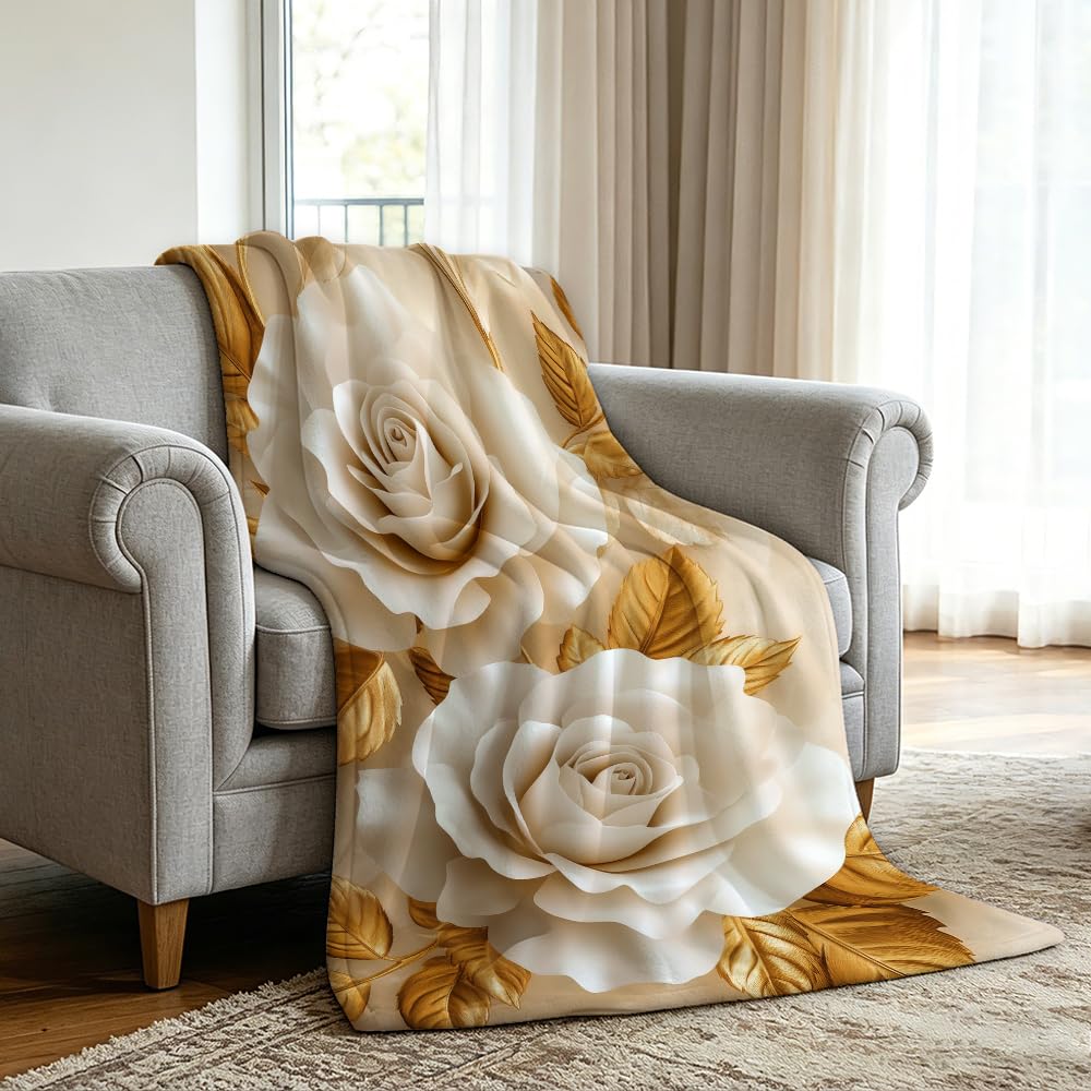 HUNXIAOJ Flower Print Blanket White and Gold Throw Blanket White Floral Print Flower Bedding Warm Soft Flannel for Adults Bed Sofa Couch (49in x 59in)