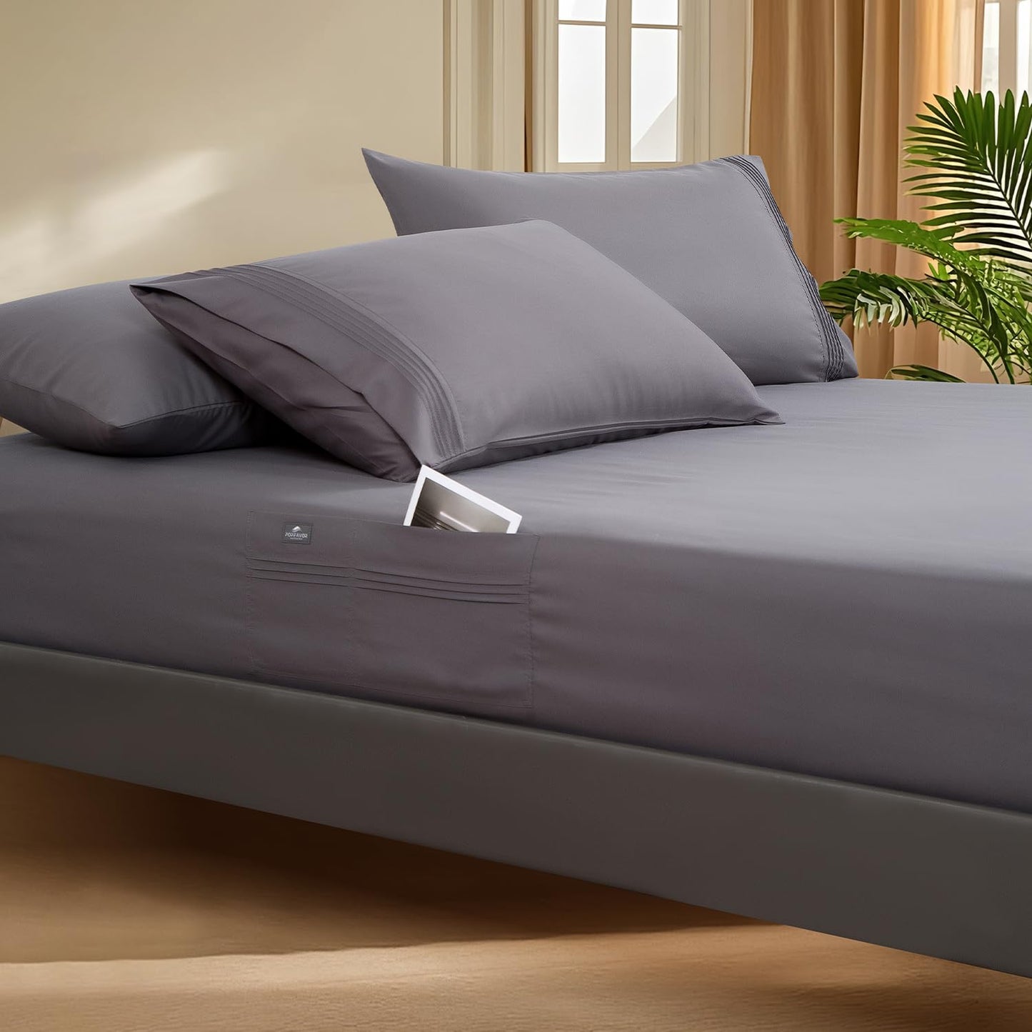 Popfavor Deep Pocket Queen Fitted Sheet with Straps - Fits Mattresses Up to 21" Thick - 3 Piece Bed Sheets - Moisture Wicking, Cooling & Soft Fitted Sheet & Pillow Cases (Grey)