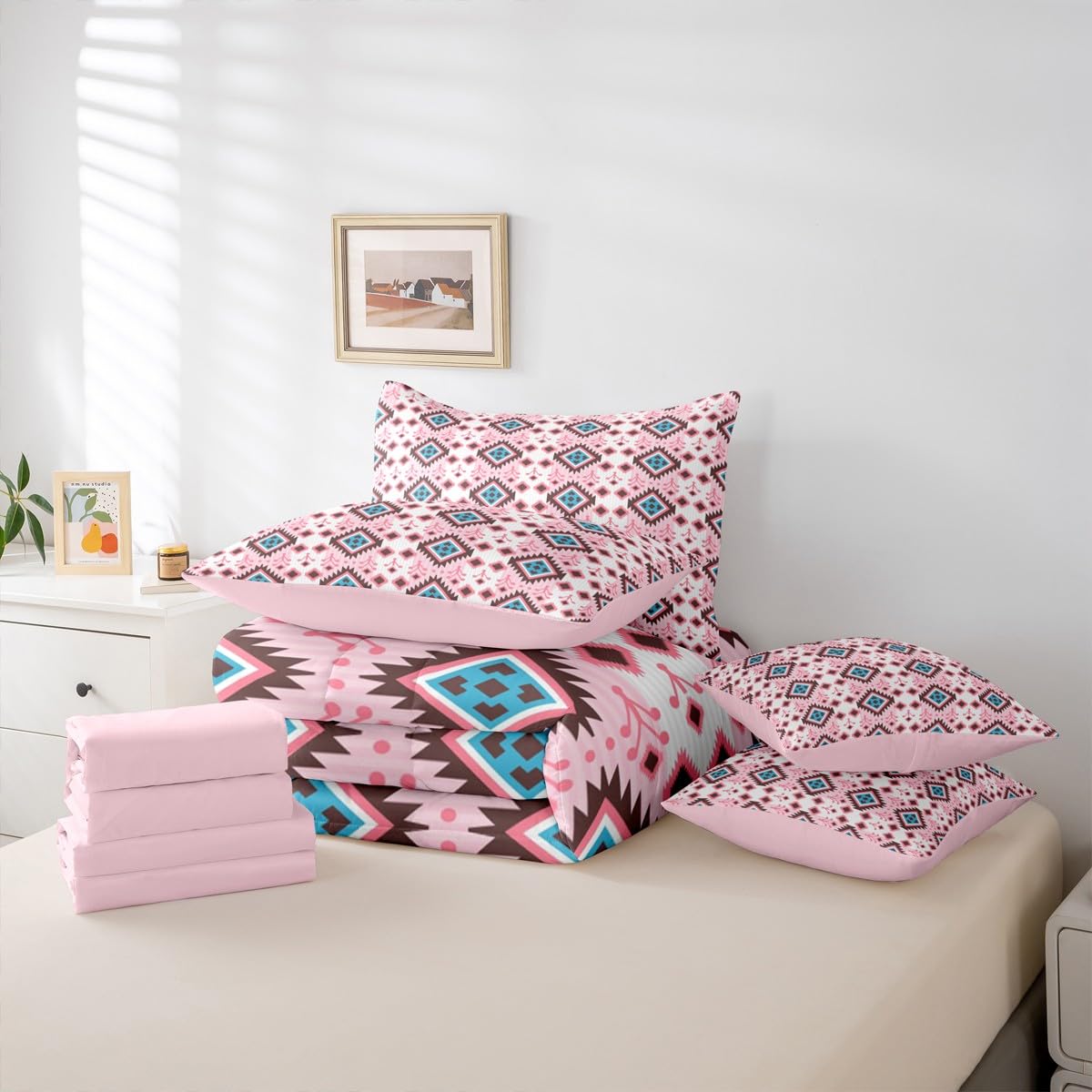 Erosebridal Boho Aztec Bed in A Bag King 7 Pcs Bohemian Southwestern Comforter Set for Women Men Western Ethnic Tribal Mexican Bedding Sets Pink Cowgirl Geometric Diamond Sheet Set with Comforter