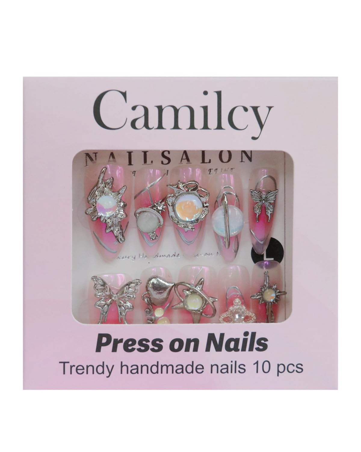 CAMILCY Press on Nails Handmade Nails Luxury Reusable Fake Nails long Almond Armor Gradient Pink Diamonds Hand Painted Salon Loveful Design Acrylic GelUV Finished For Women 3D Nails 10PCS (A044, M)