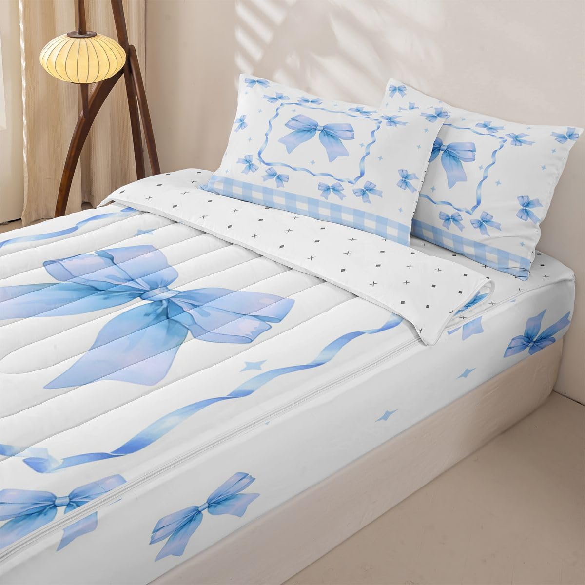 Feelyou Cute Bow Zipper Bedding Queen Kawaii Bowknot Zipper Bedding Sets for Kids Boys Girls Princess Bowknot Comforter Set with Fitted Sheet and Pillowcases Buffalo Check Bedroom Decor Blue