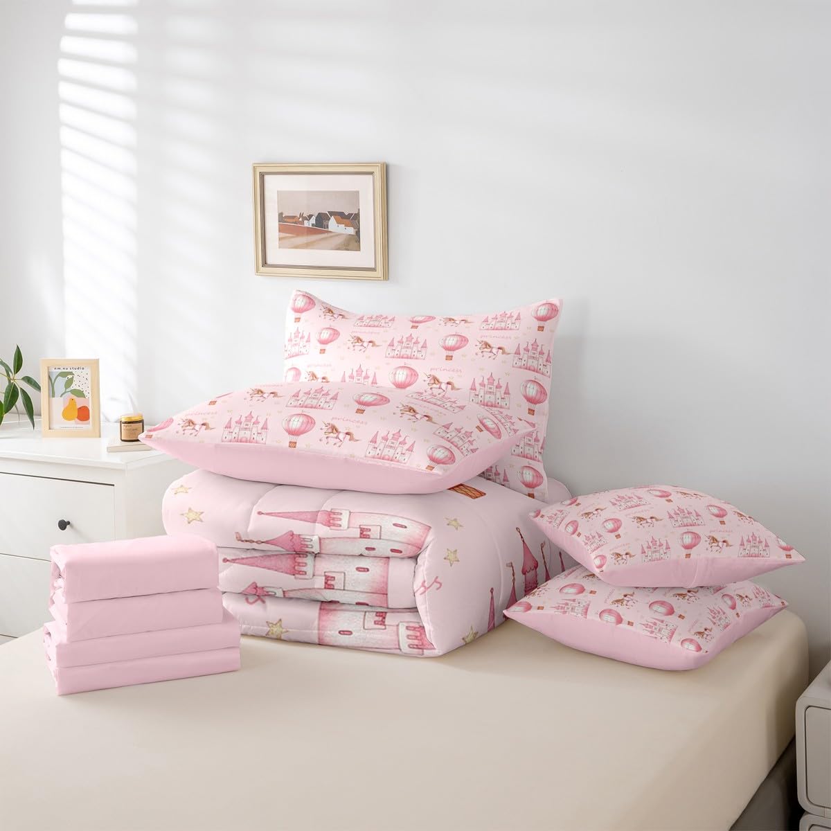 Feelyou Castle Comforter Set Queen Size 7 Pieces Princess Style Bedding Set Cute Bed in a Bag with Comforter, Sheets, Pillowcases, Cushion Covers Girls Dreamy House Bedroom Decor Fairytale Quilted